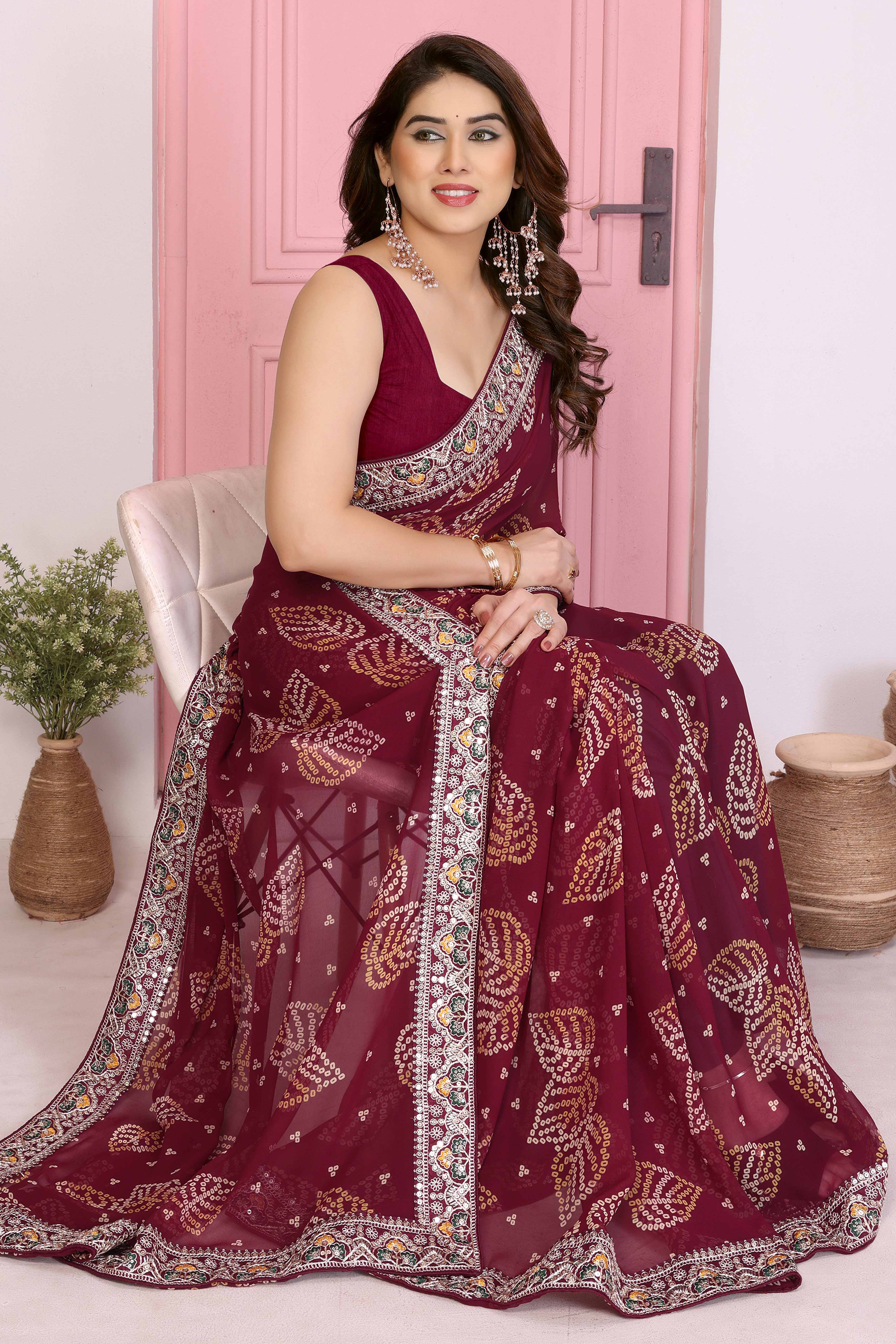 Maroon Georgette Saree with Traditional Bandhani Print and Lace Accents