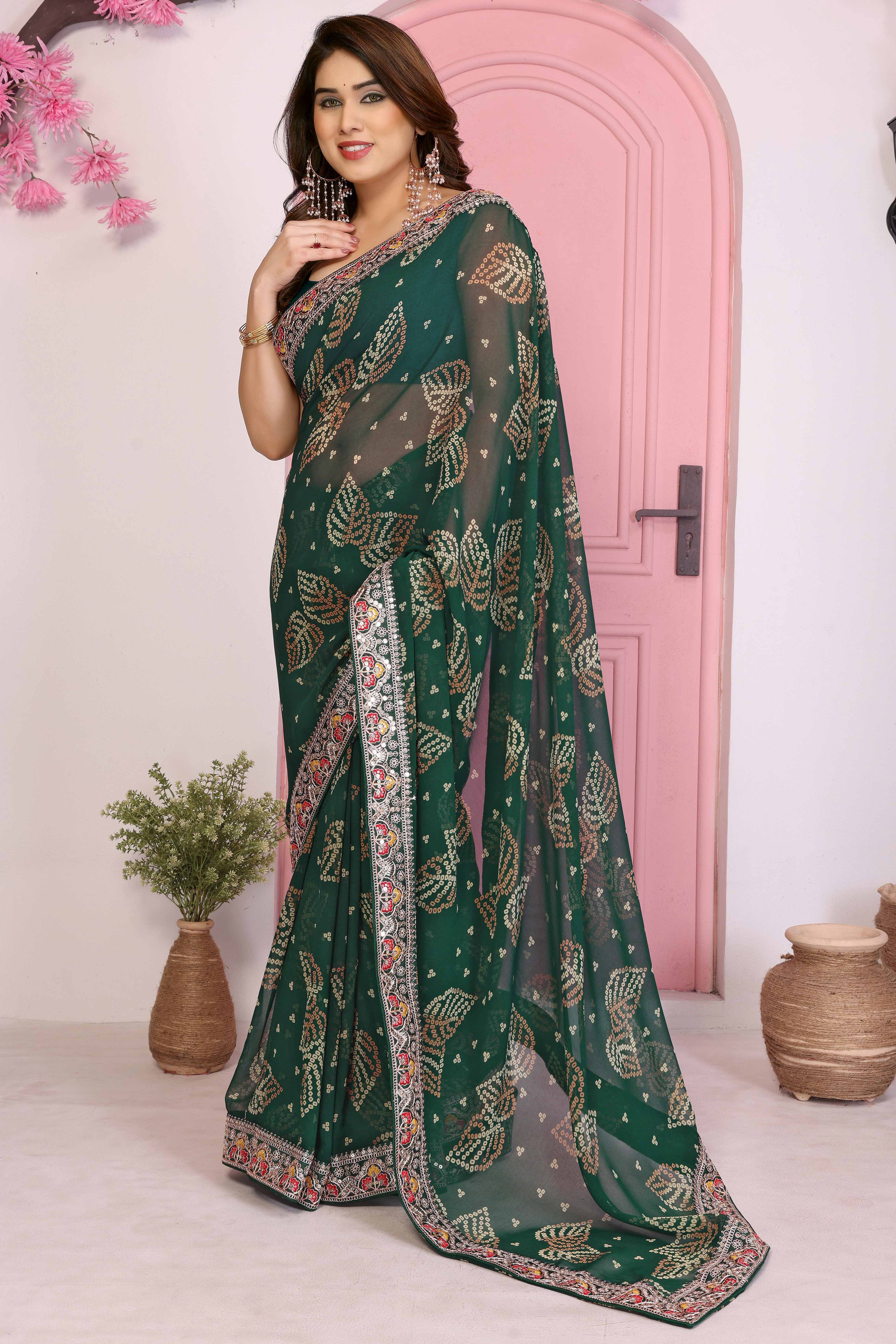 Dark Green Georgette Saree with Traditional Bandhani Print and Lace Accents