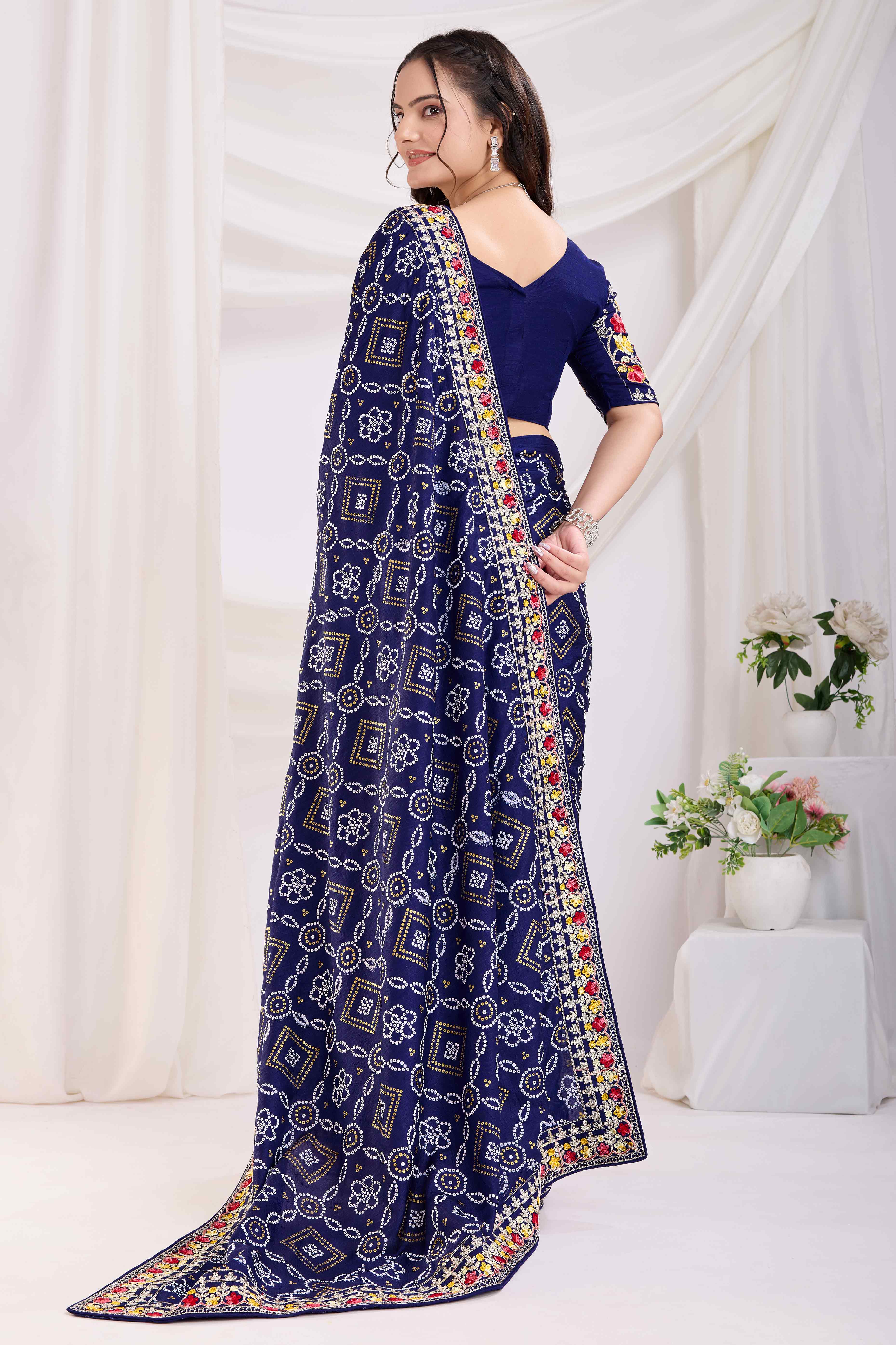 Navy Blue Bandhani Printed Vichitra Silk Saree With Embroidery Border
