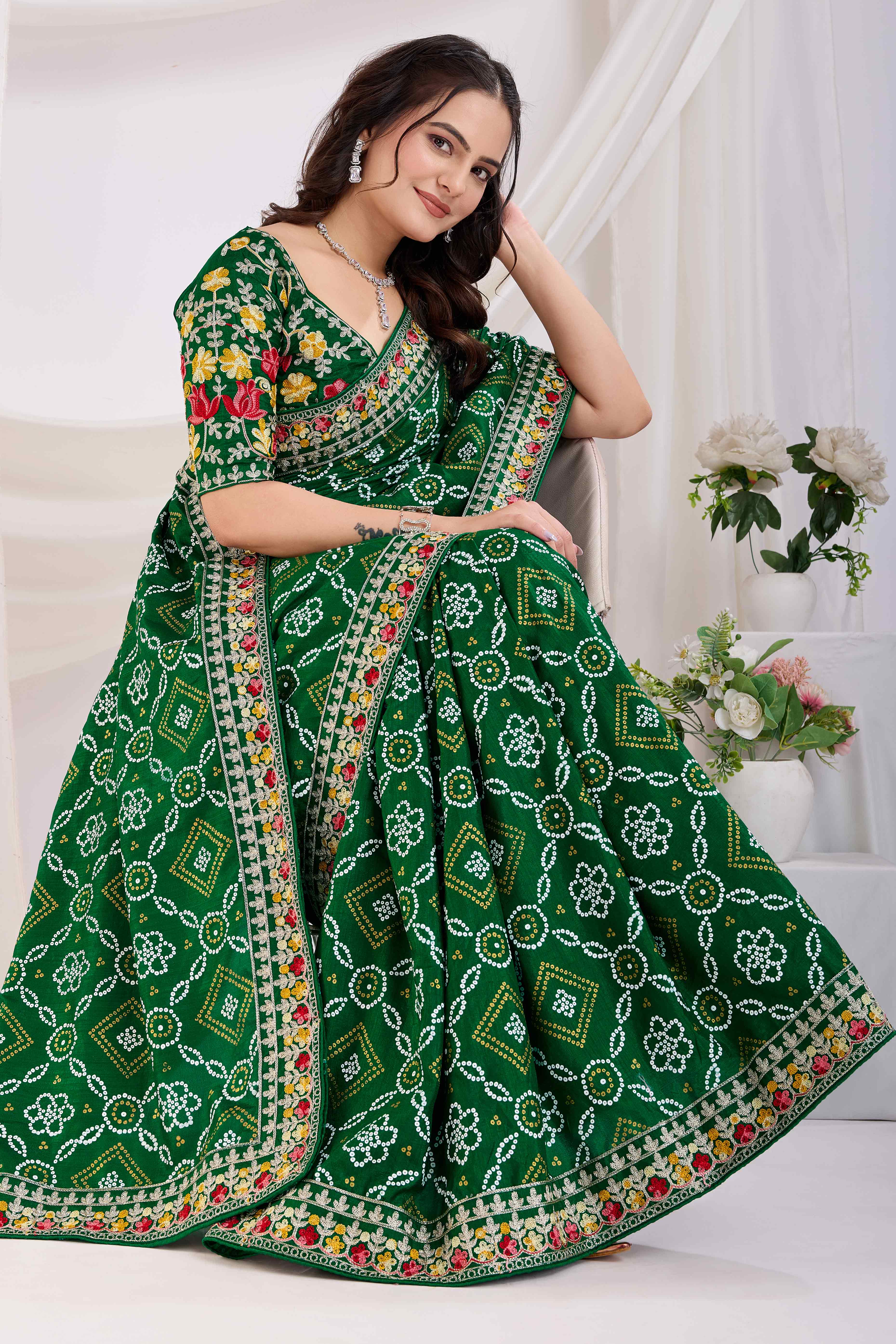 Green Bandhani Printed Vichitra Silk Saree With Embroidery Border