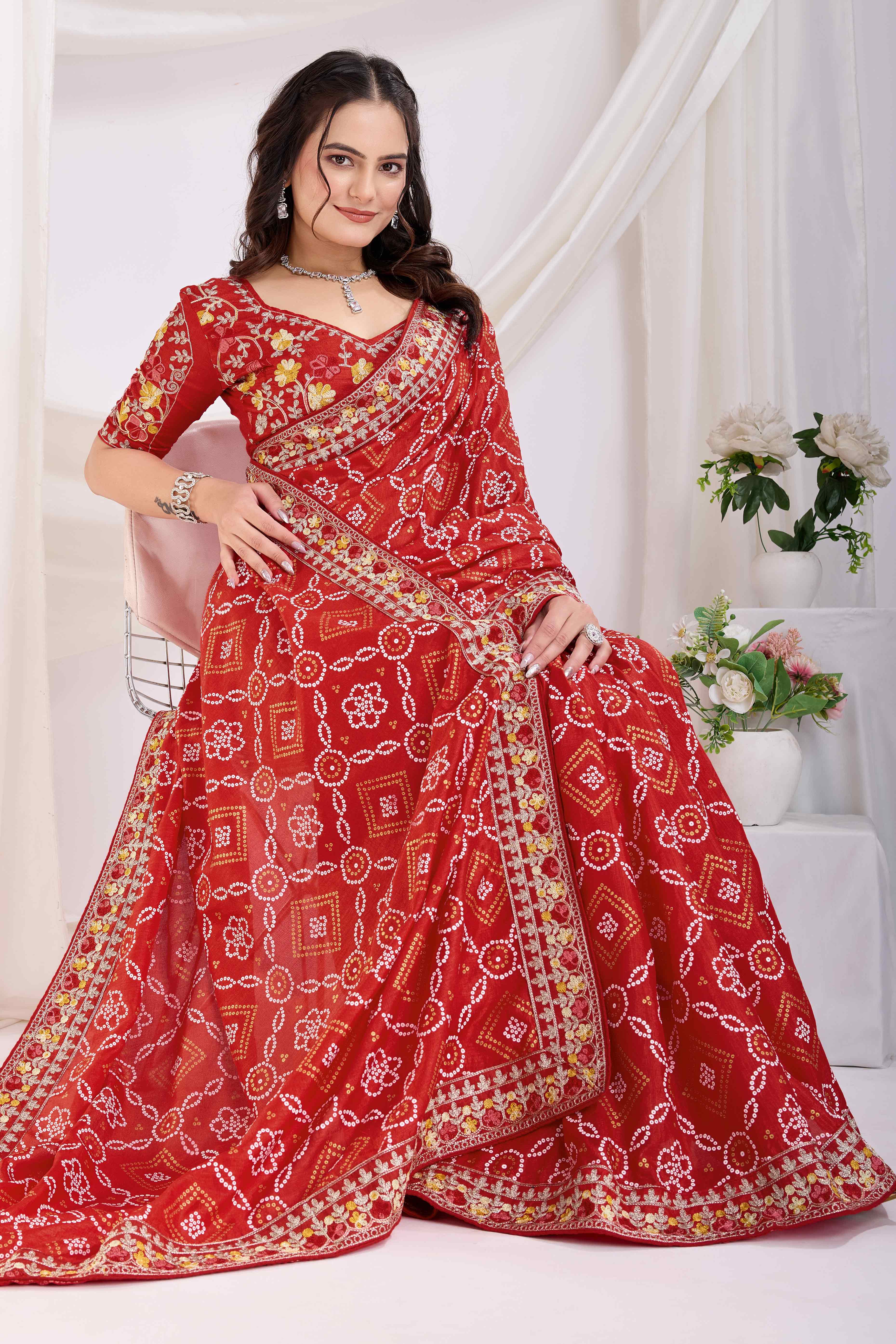 Red Bandhani Printed Vichitra Silk Saree With Embroidery Border