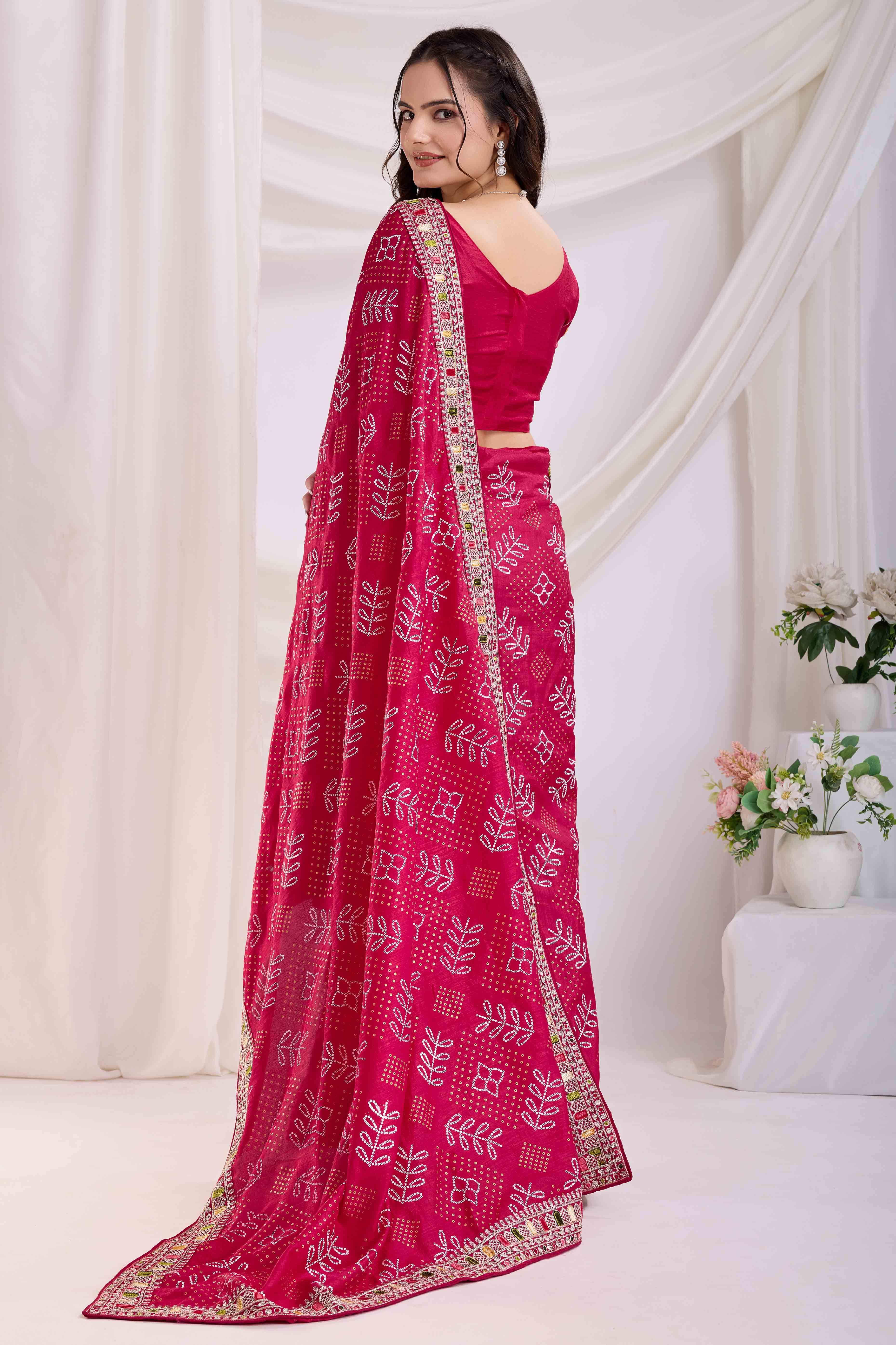 Rani Pink Bandhani Printed With Embroidered Border Vichitra Silk Saree