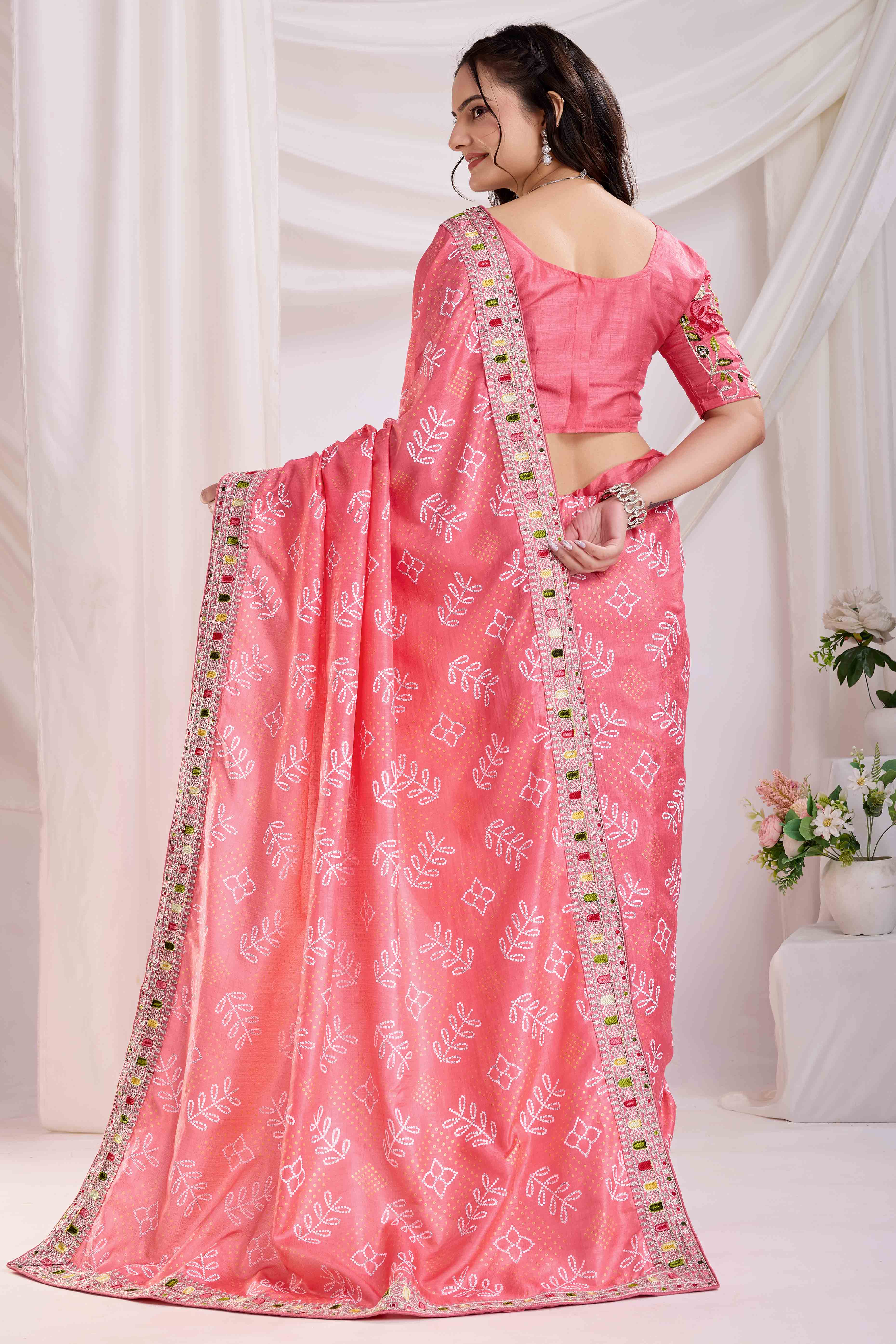 Pink Bandhani Printed With Embroidered Border Vichitra Silk Saree