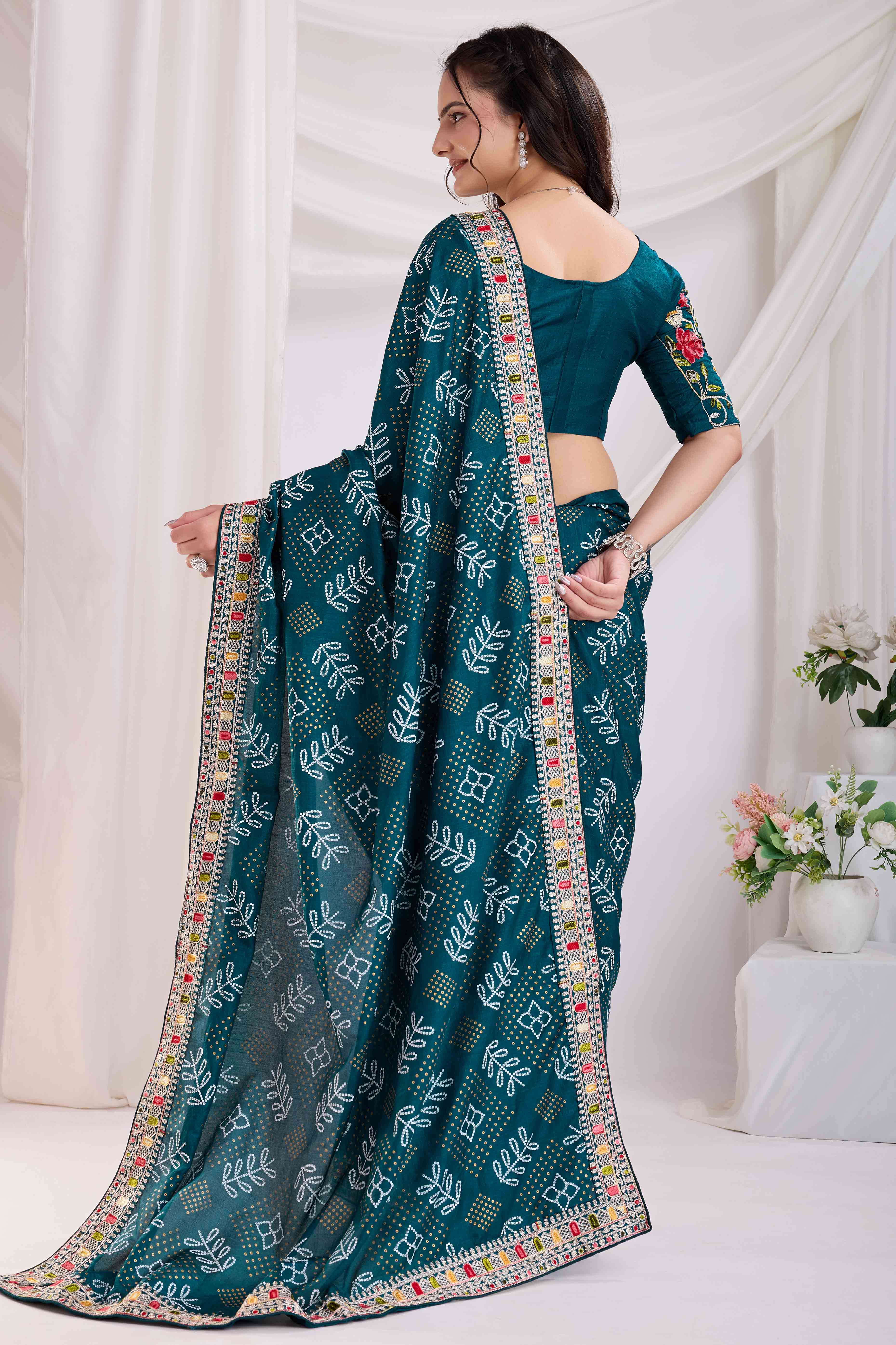 Teal Bandhani Printed With Embroidered Border Vichitra Silk Saree