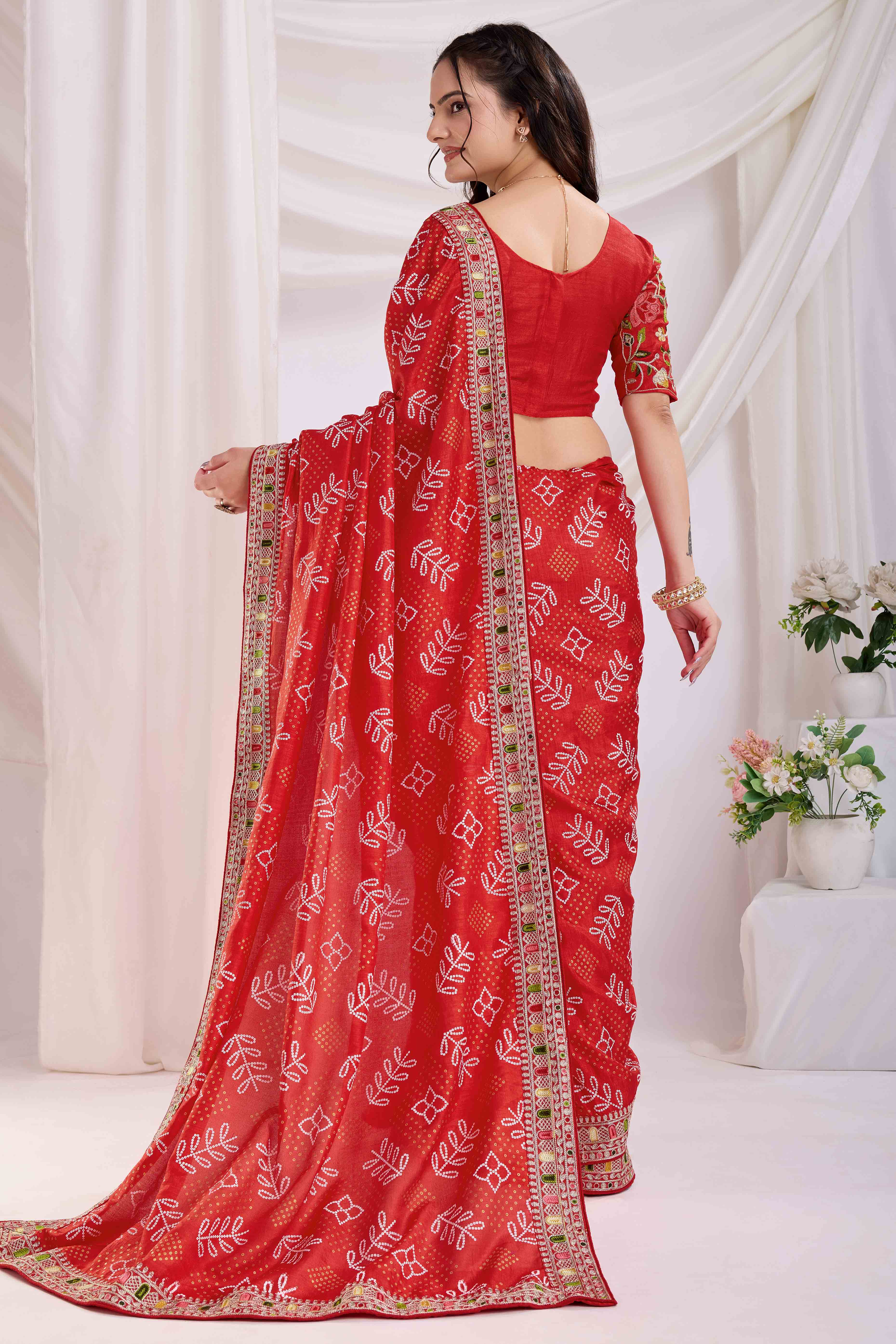 Red Bandhani Printed With Embroidered Border Vichitra Silk Saree