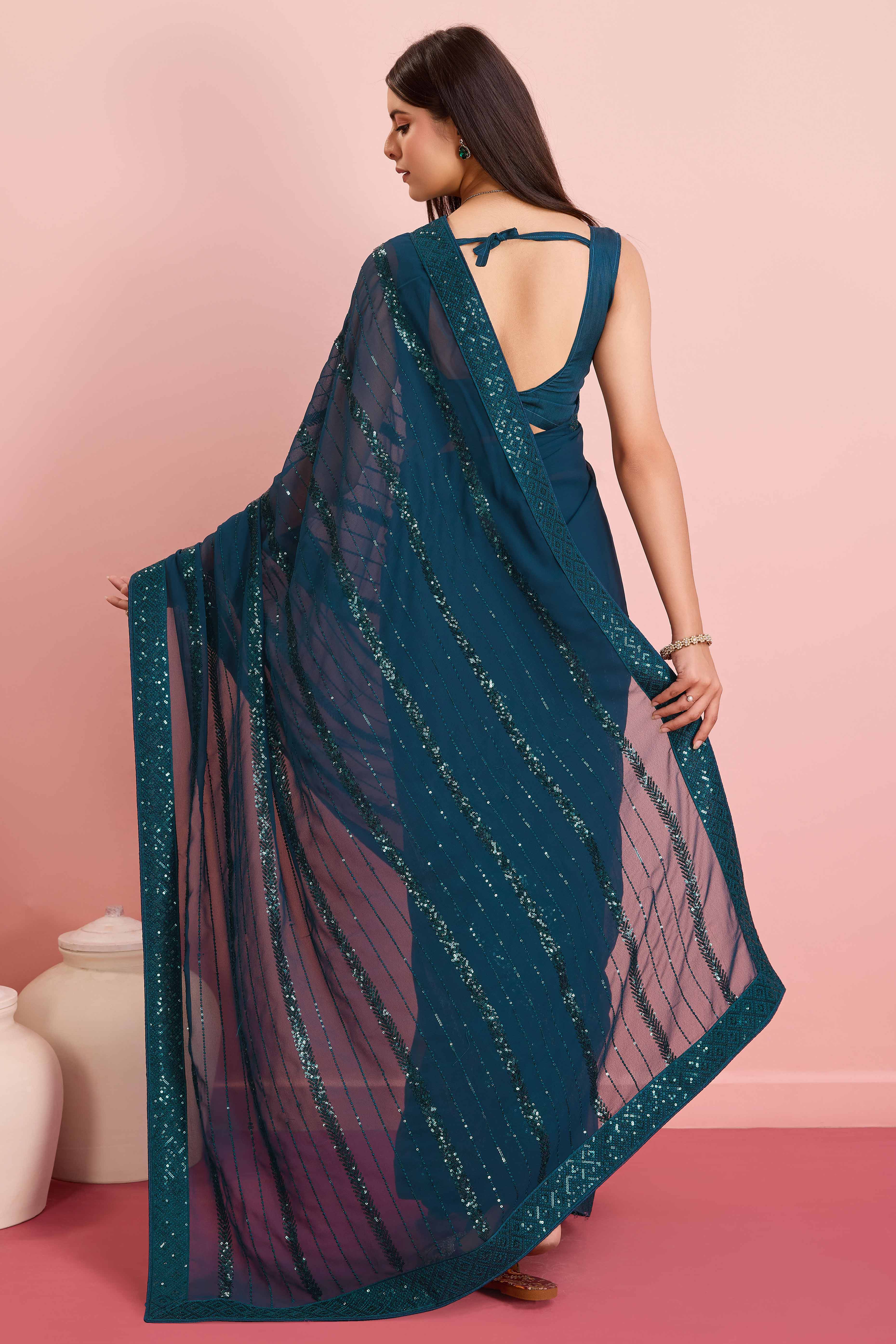 Morpich Blue Sequins Embroidered Georgette Saree