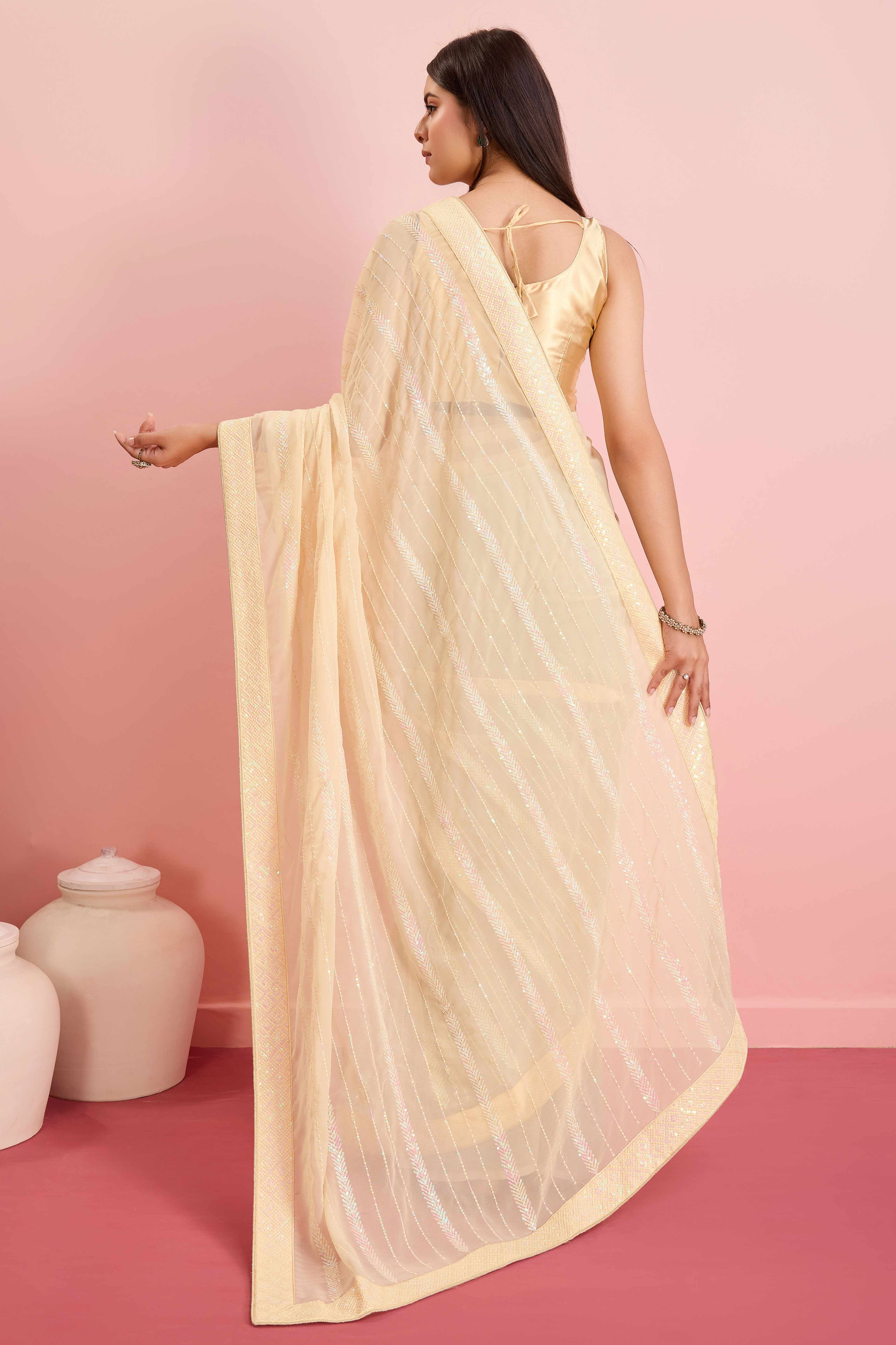 Cream Sequins Embroidered Georgette Saree