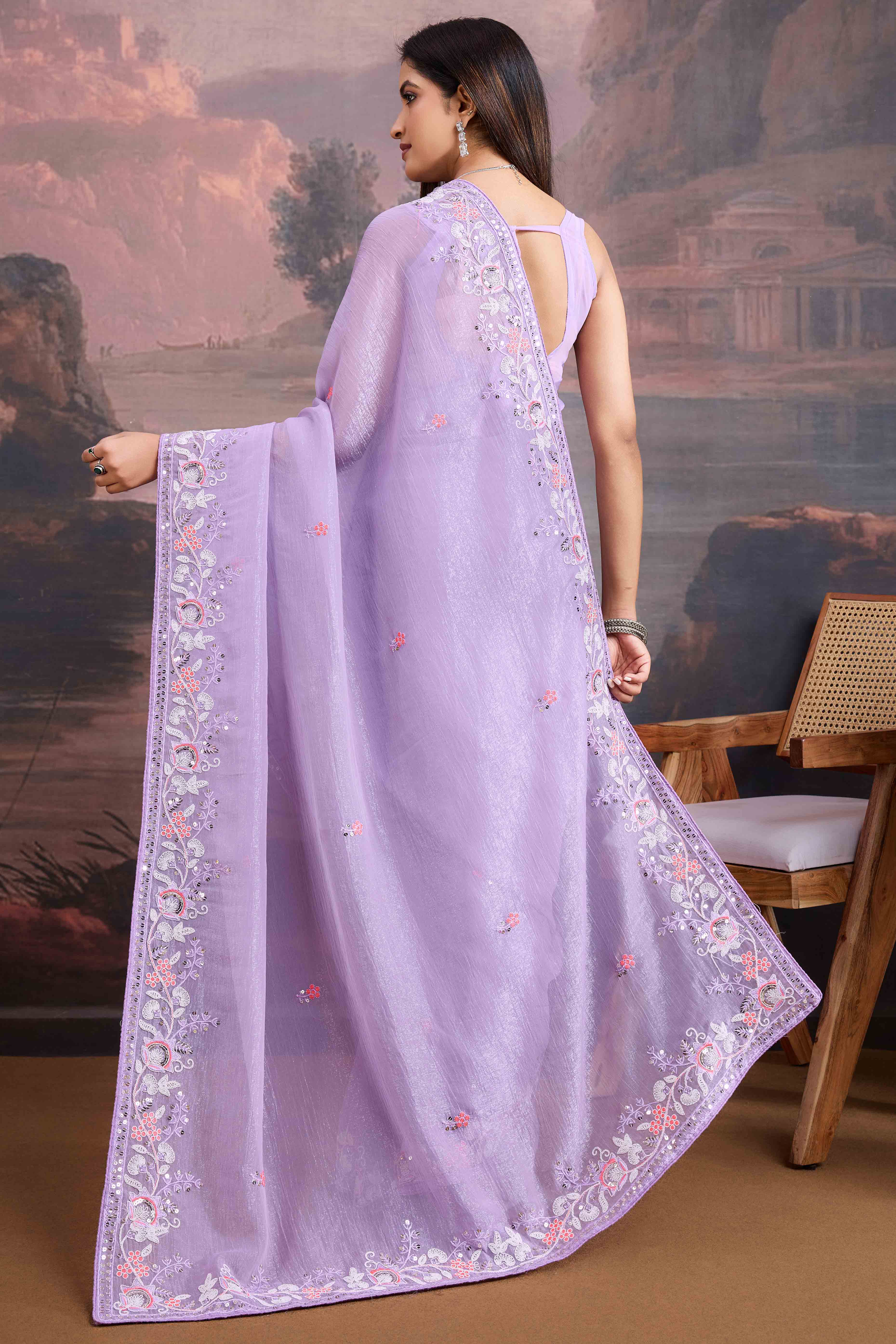 Lavender Floral Sequins Embroidered Organza Saree
