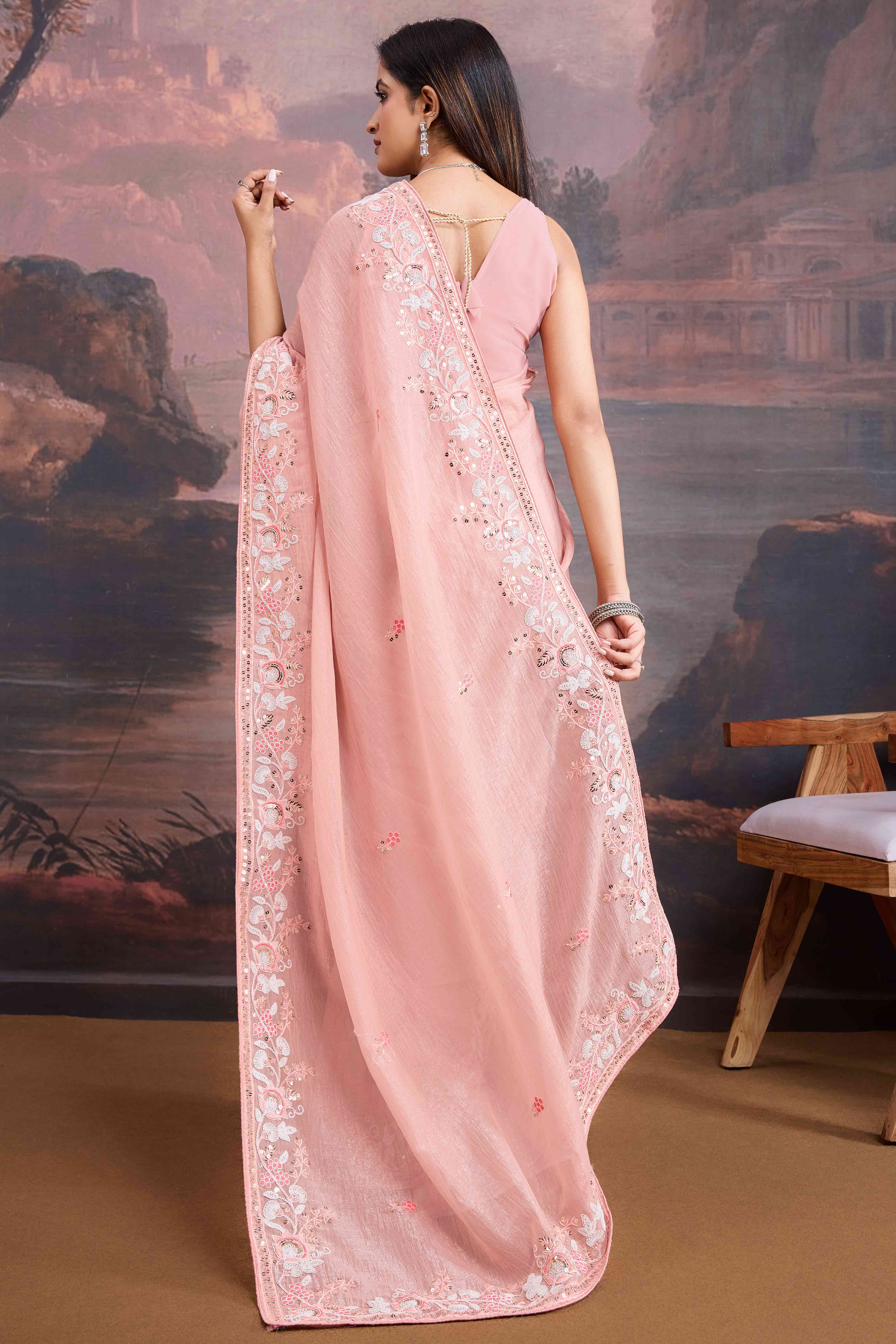 Peach Floral Sequins Embroidered Organza Saree