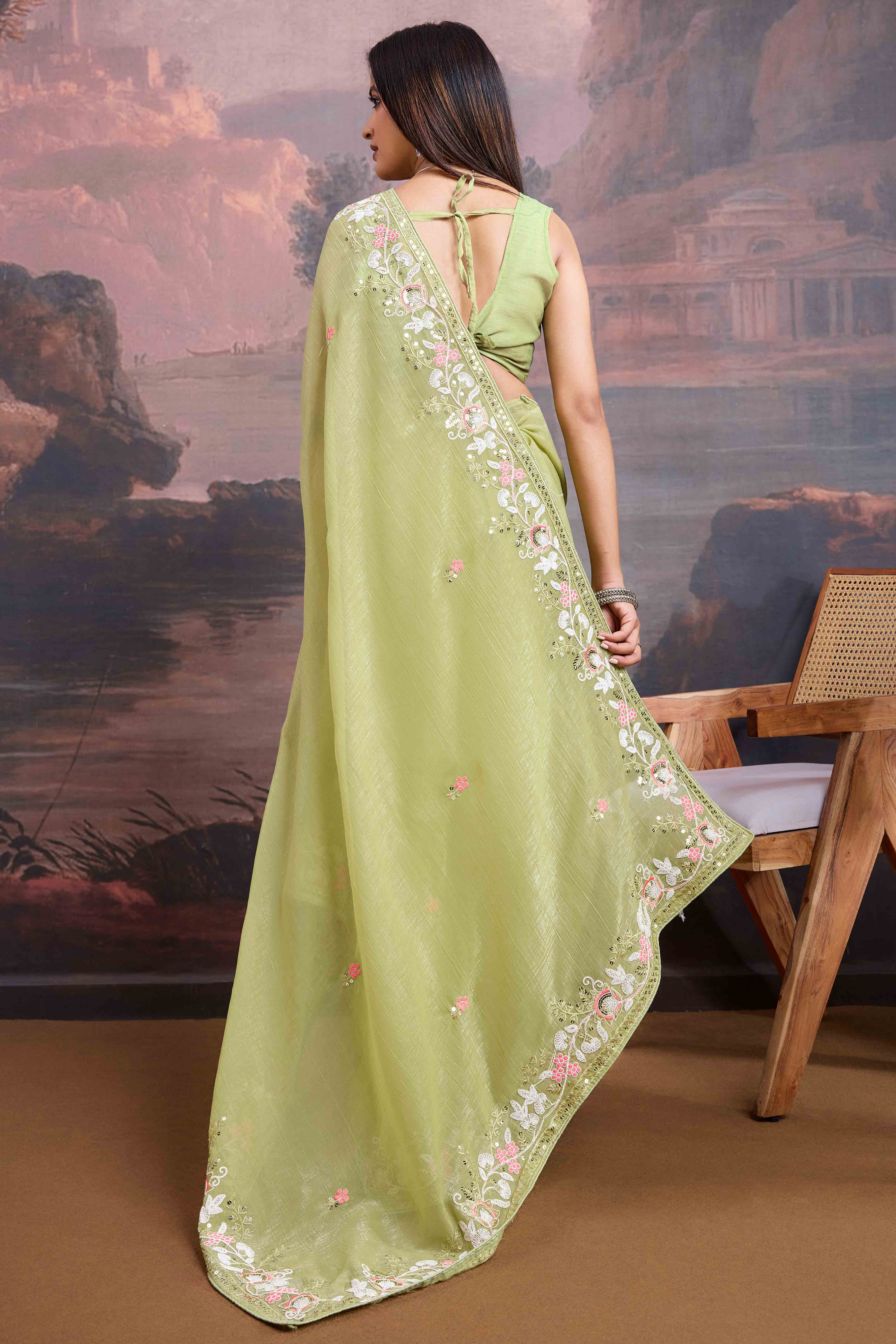 Green Floral Sequins Embroidered Organza Saree