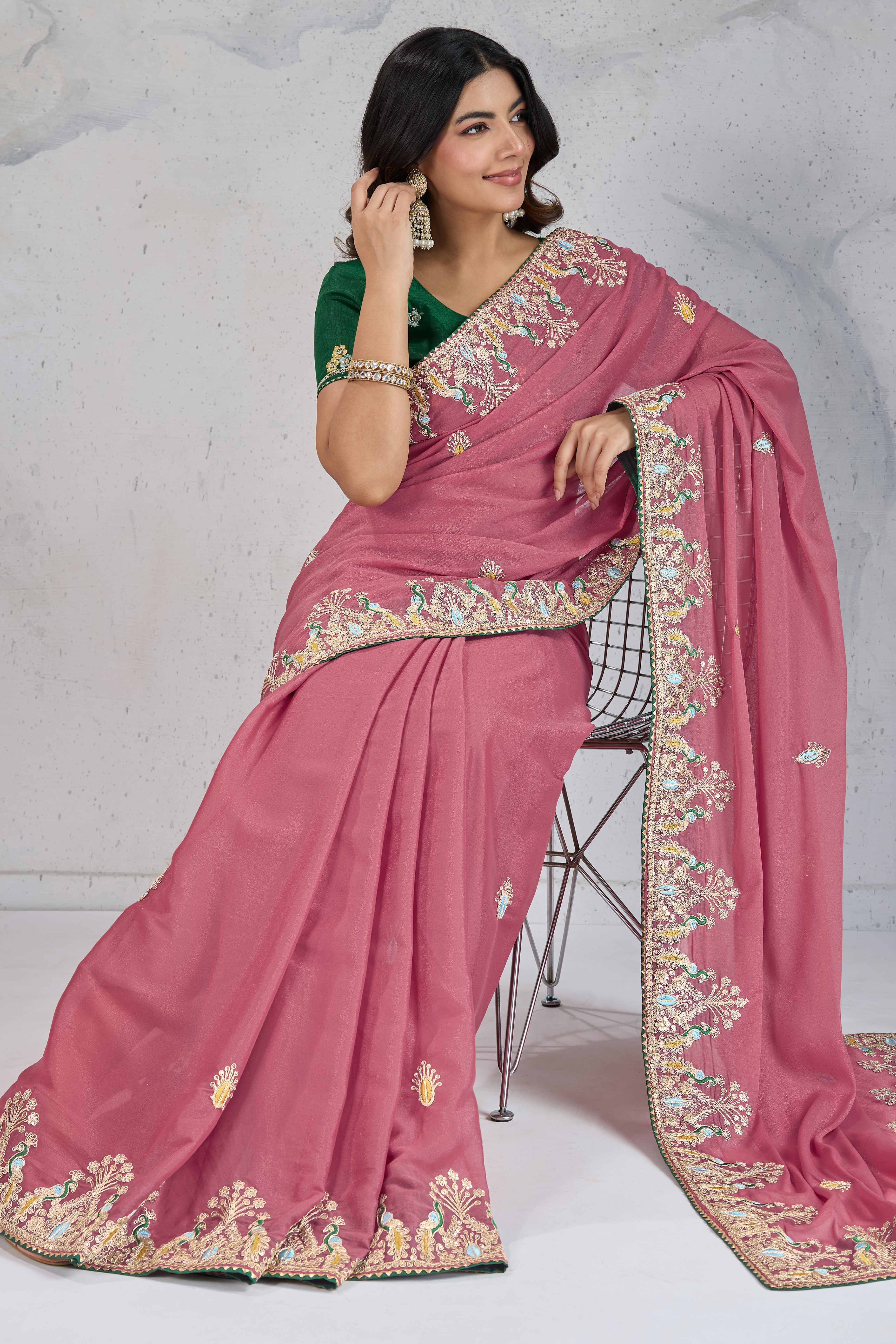 Dusty Pink Embroidered Saree with Ethnic Detailing in Georgette Fabric