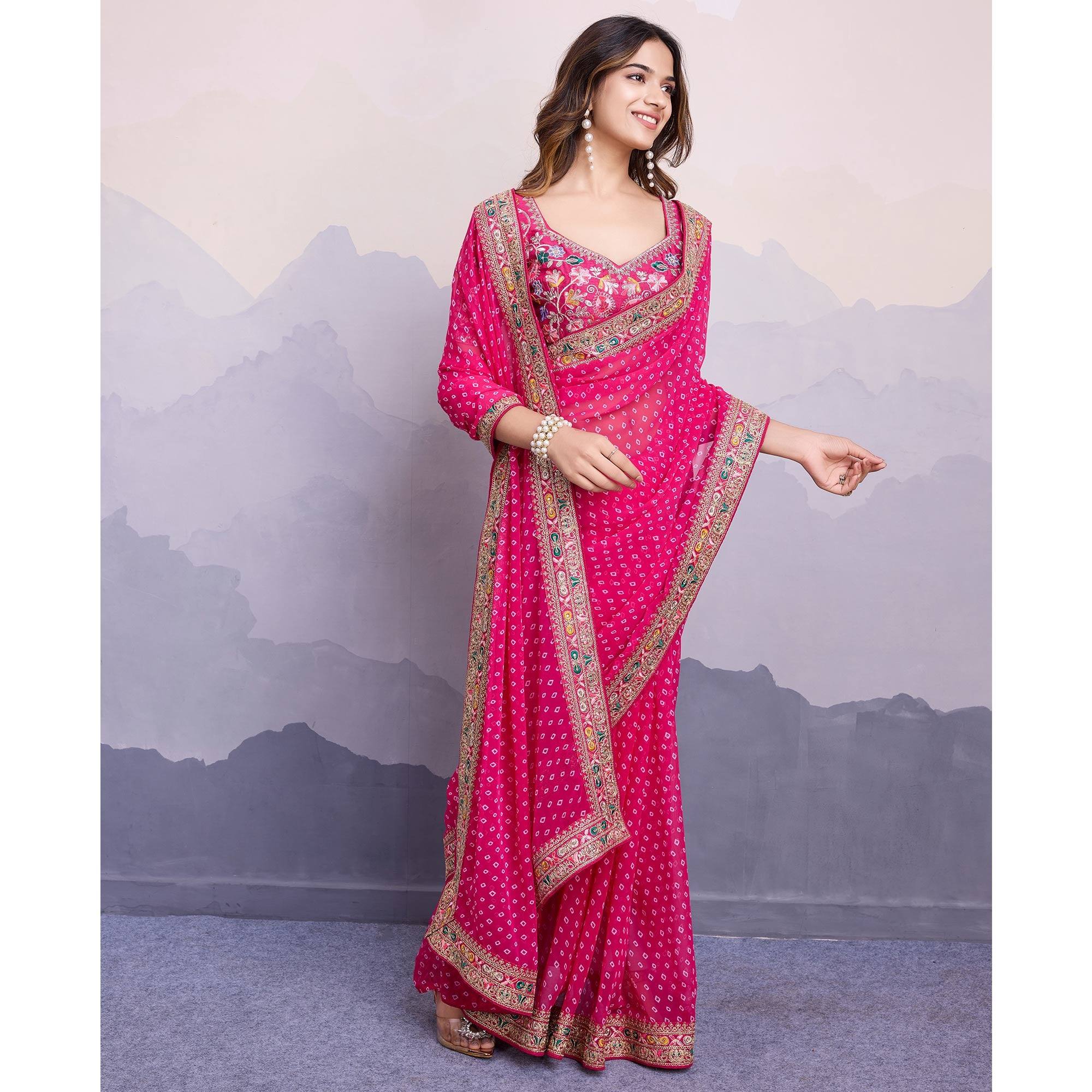 Rani Pink Bandhani Printed Georgette Saree With Embroidered Lace Border