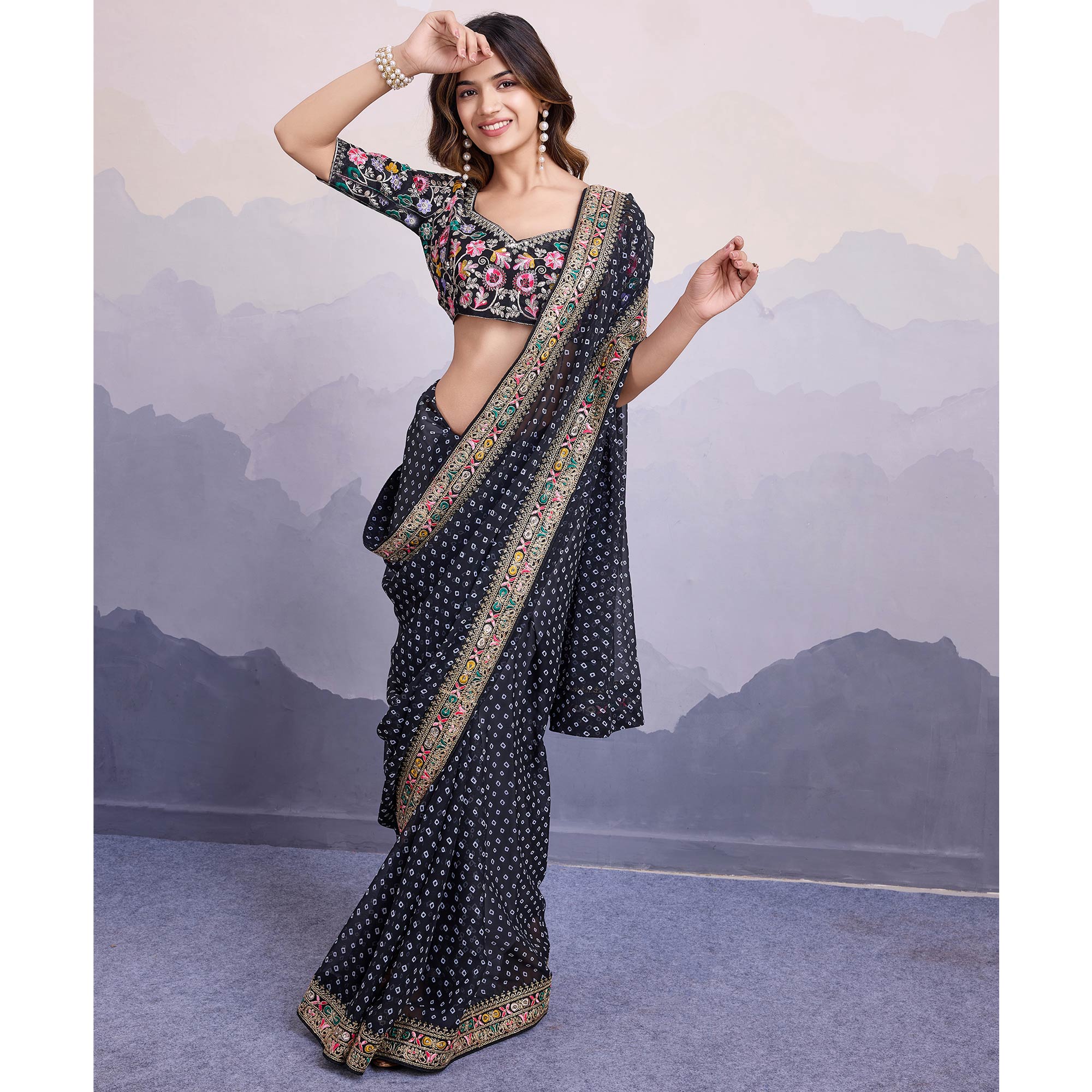 Black Bandhani Printed Georgette Saree With Embroidered Lace Border