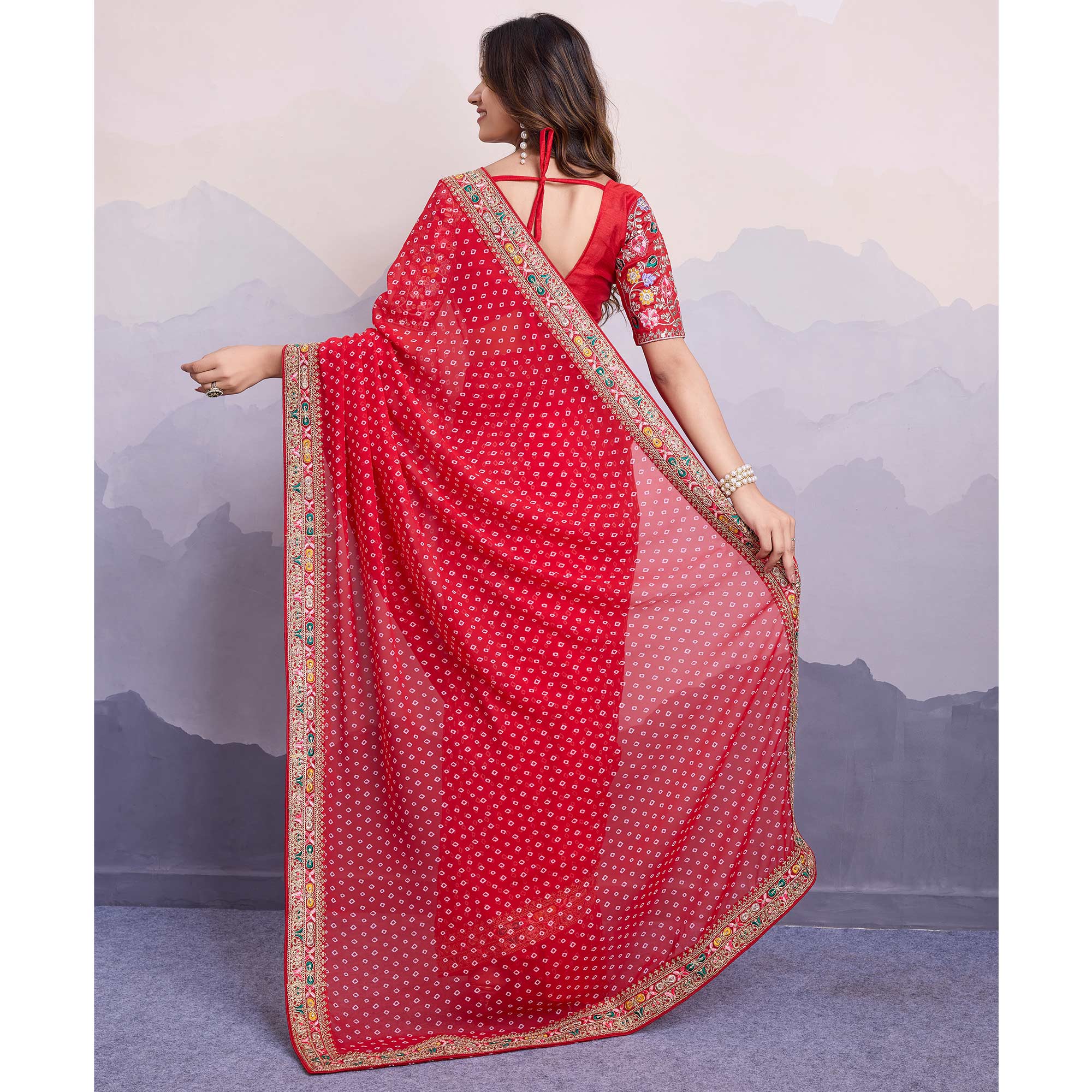 Red Bandhani Printed Georgette Saree With Embroidered Lace Border