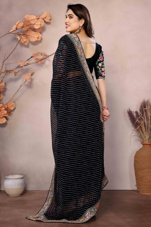 Black Striped Printed Georgette Saree With Glittering Sequin Cording Embroidered Border