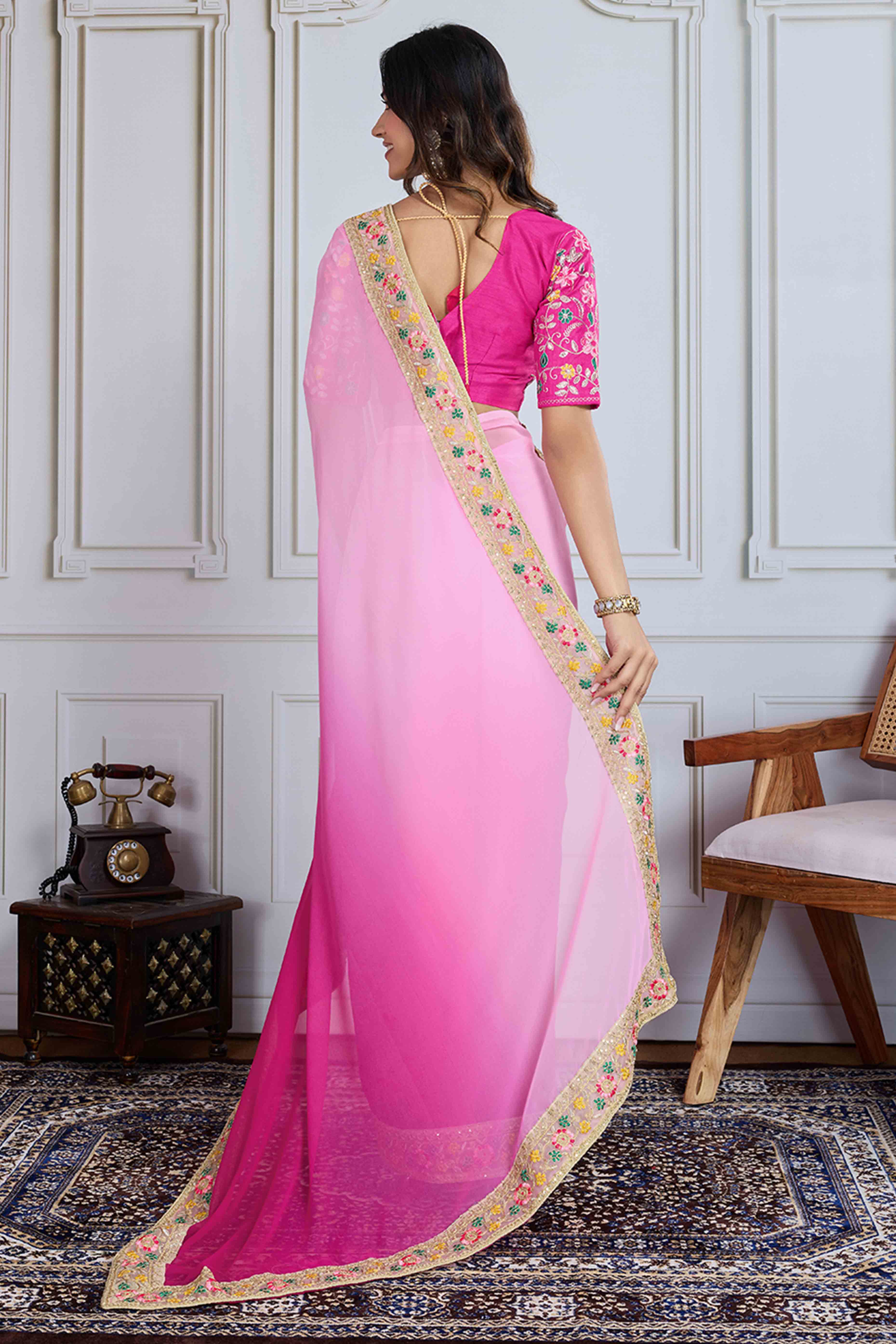 Pink To Magenta Georgette Ombre Saree With Intricate Floral Cording Embroidery & Sequin Detailing