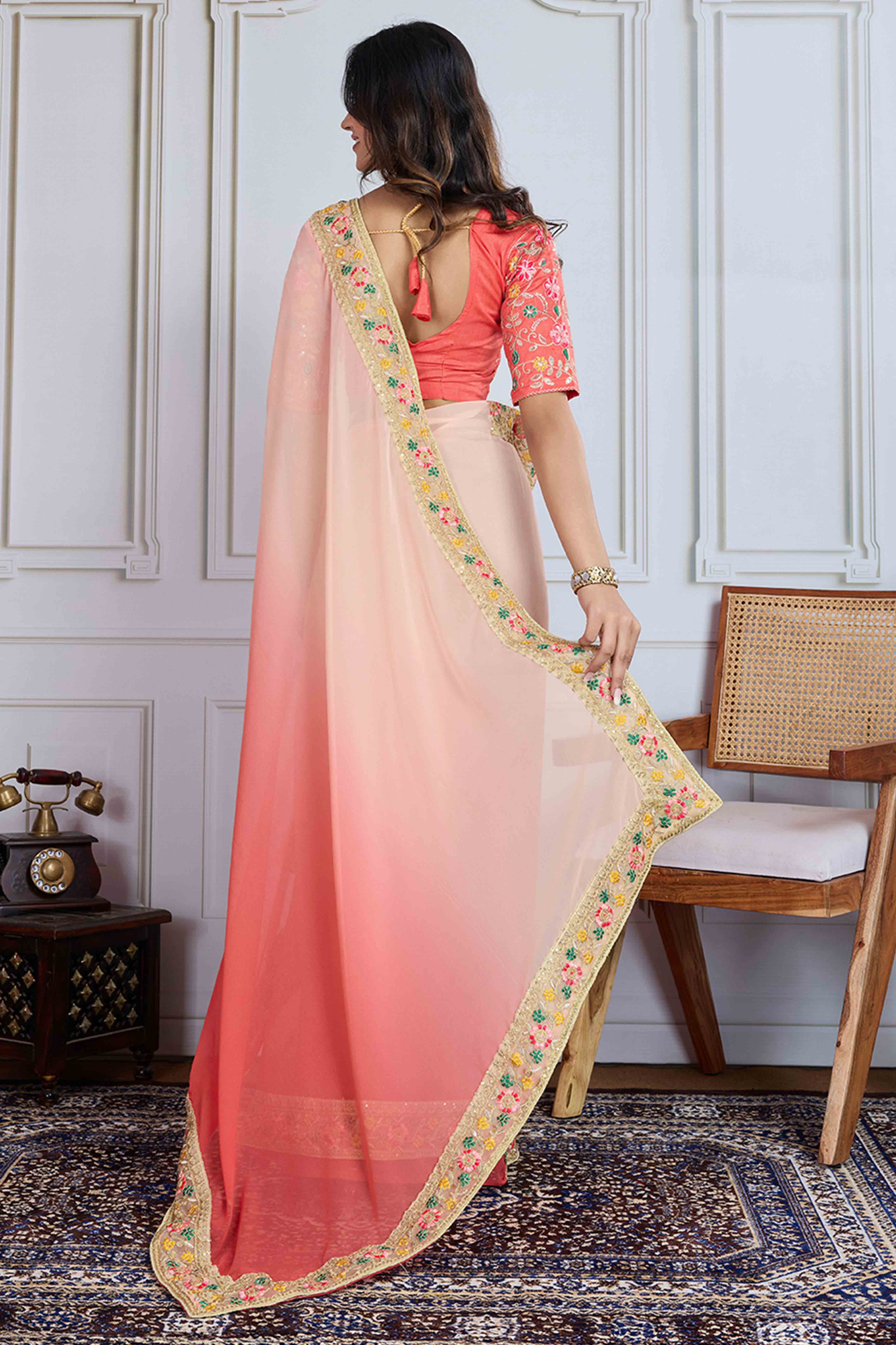 Peach To Coral Pink Georgette Ombre Saree With Intricate Floral Cording Embroidery & Sequin Detailing
