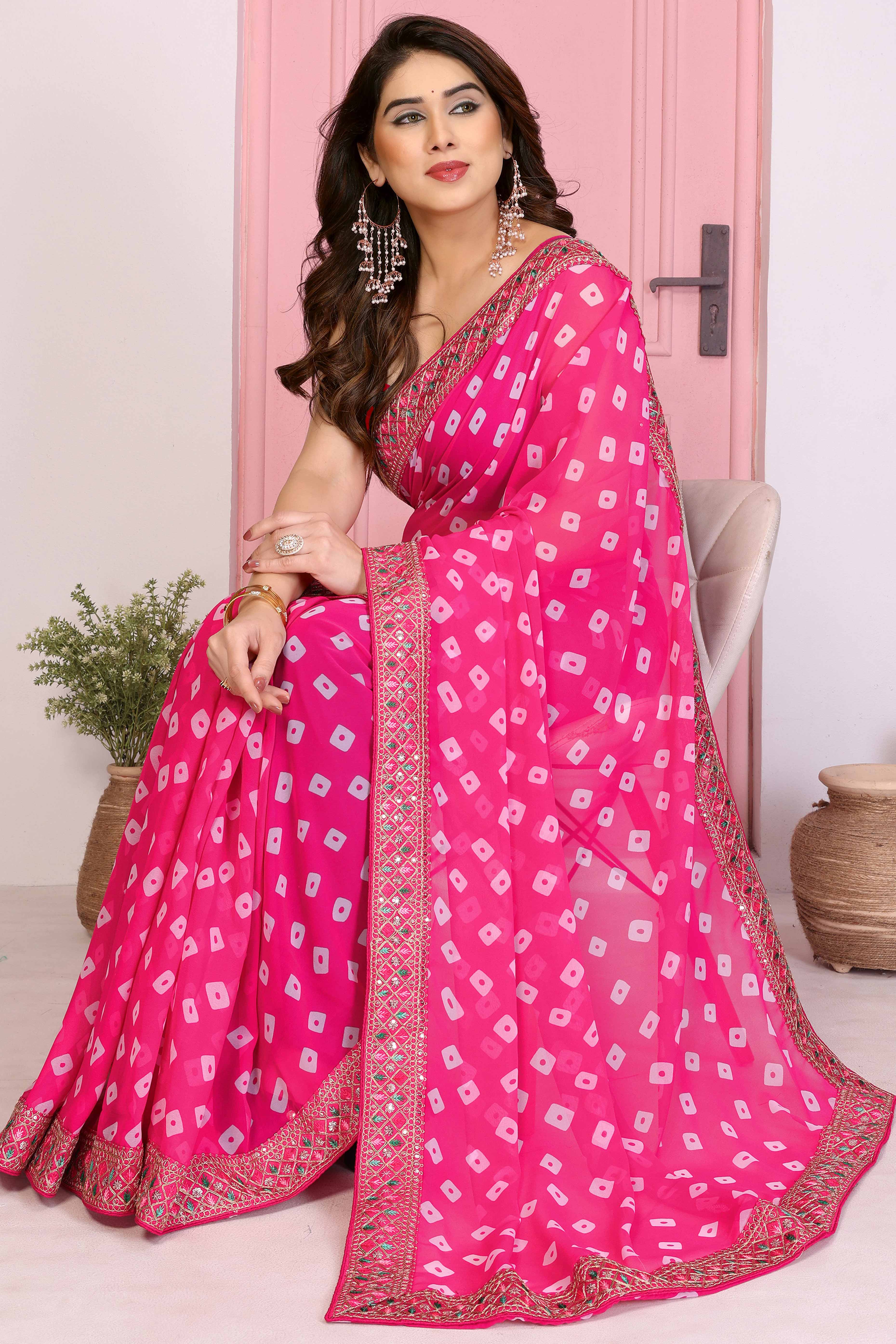 Rani Pink Georgette Saree With Bandhani Print & Exquisite Cording Embroidery Border