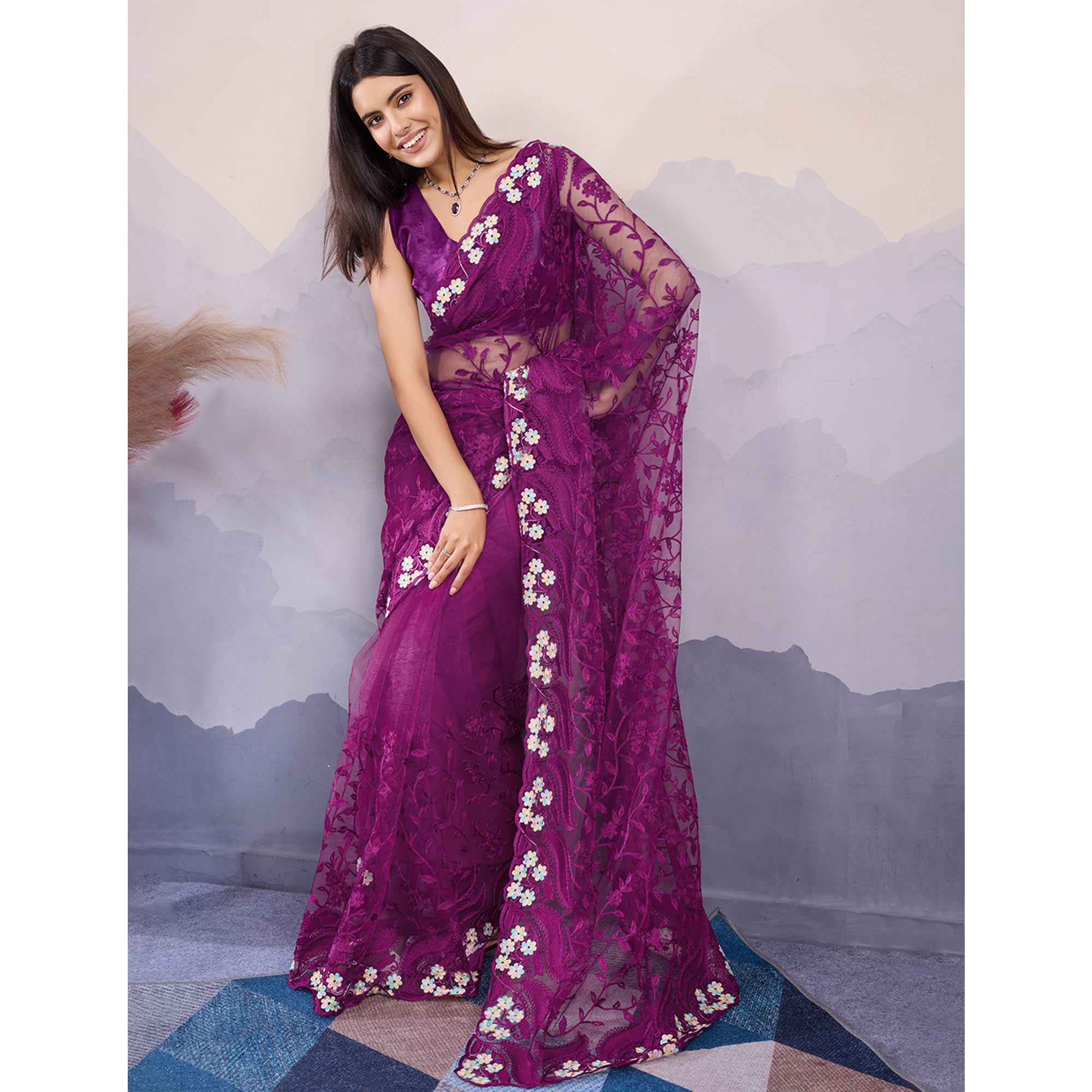 Purple Floral Thread Embroidered Net Saree