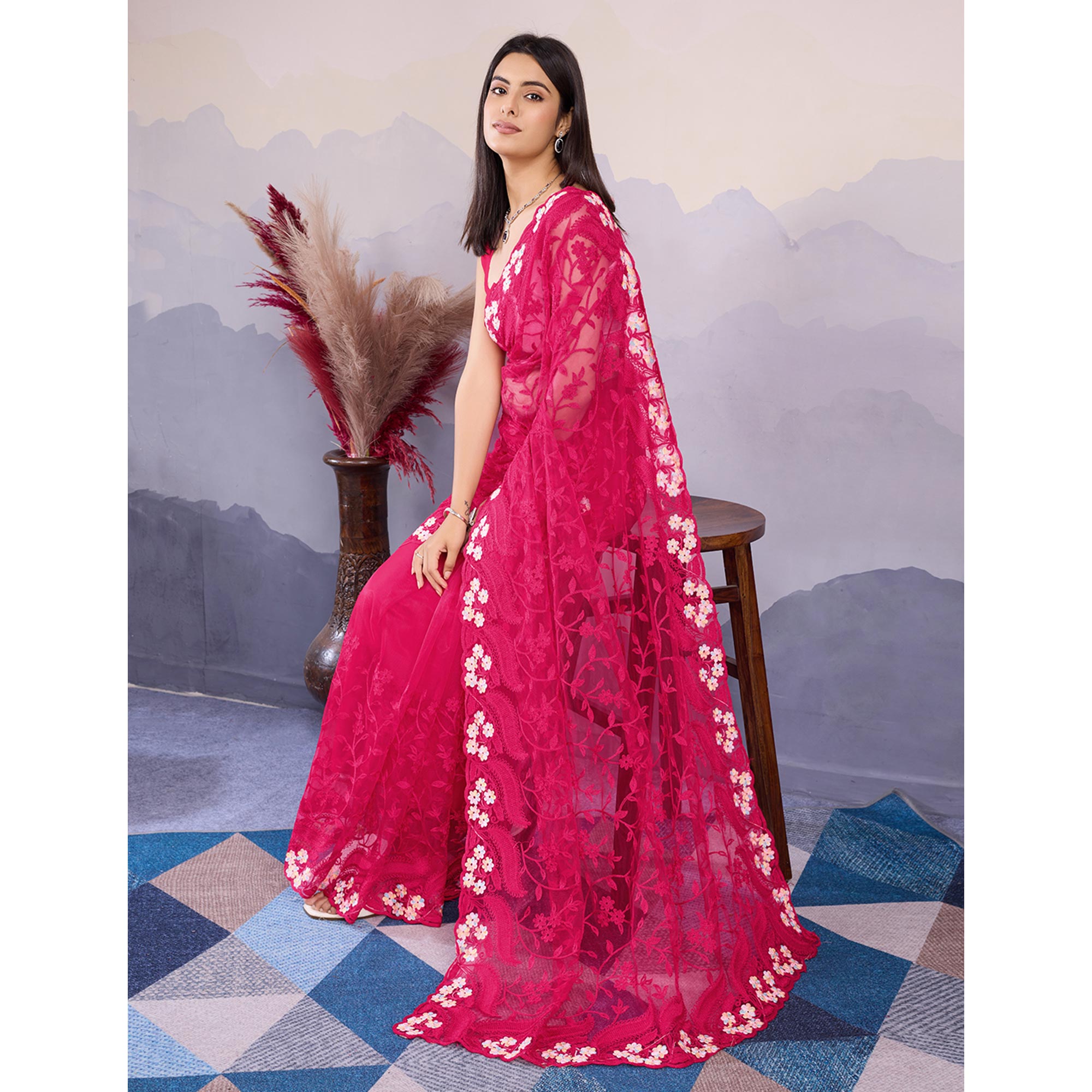 Pink Floral Thread Embroidered Net Saree