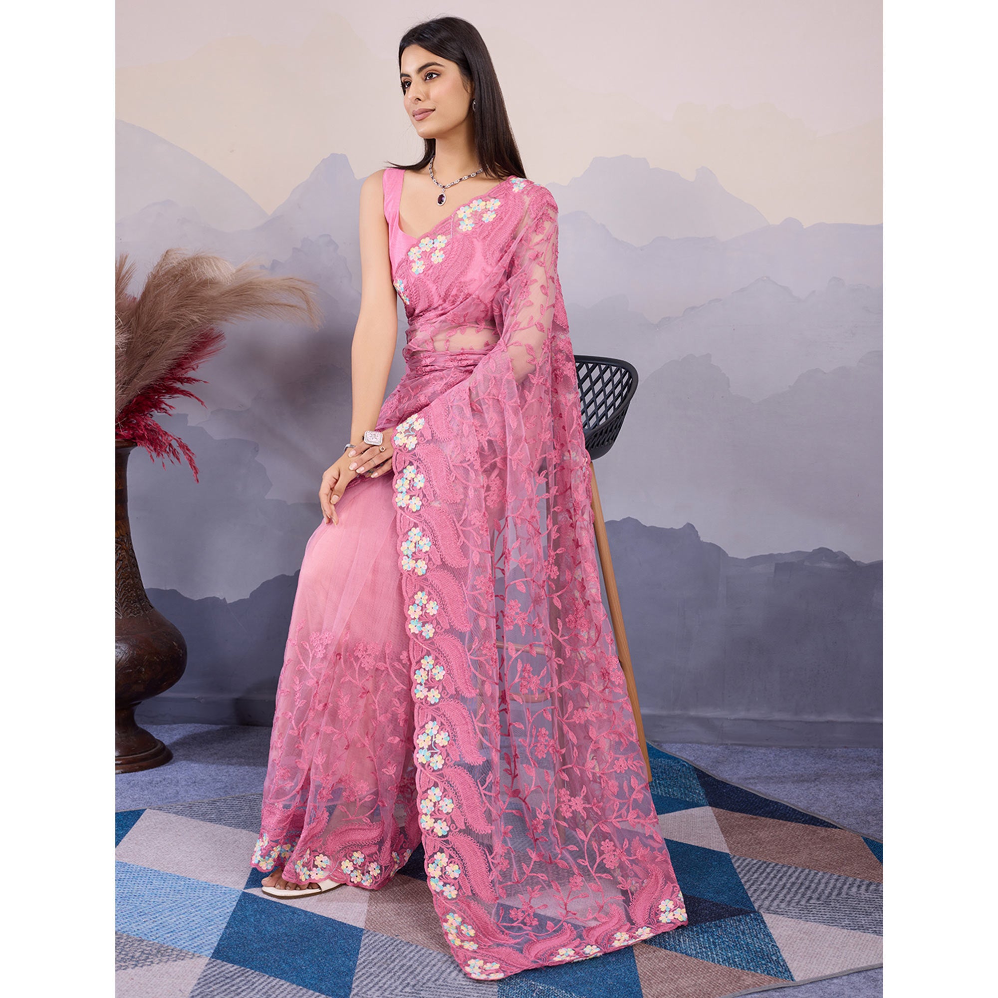 Baby Pink Floral Embroidered Net Saree