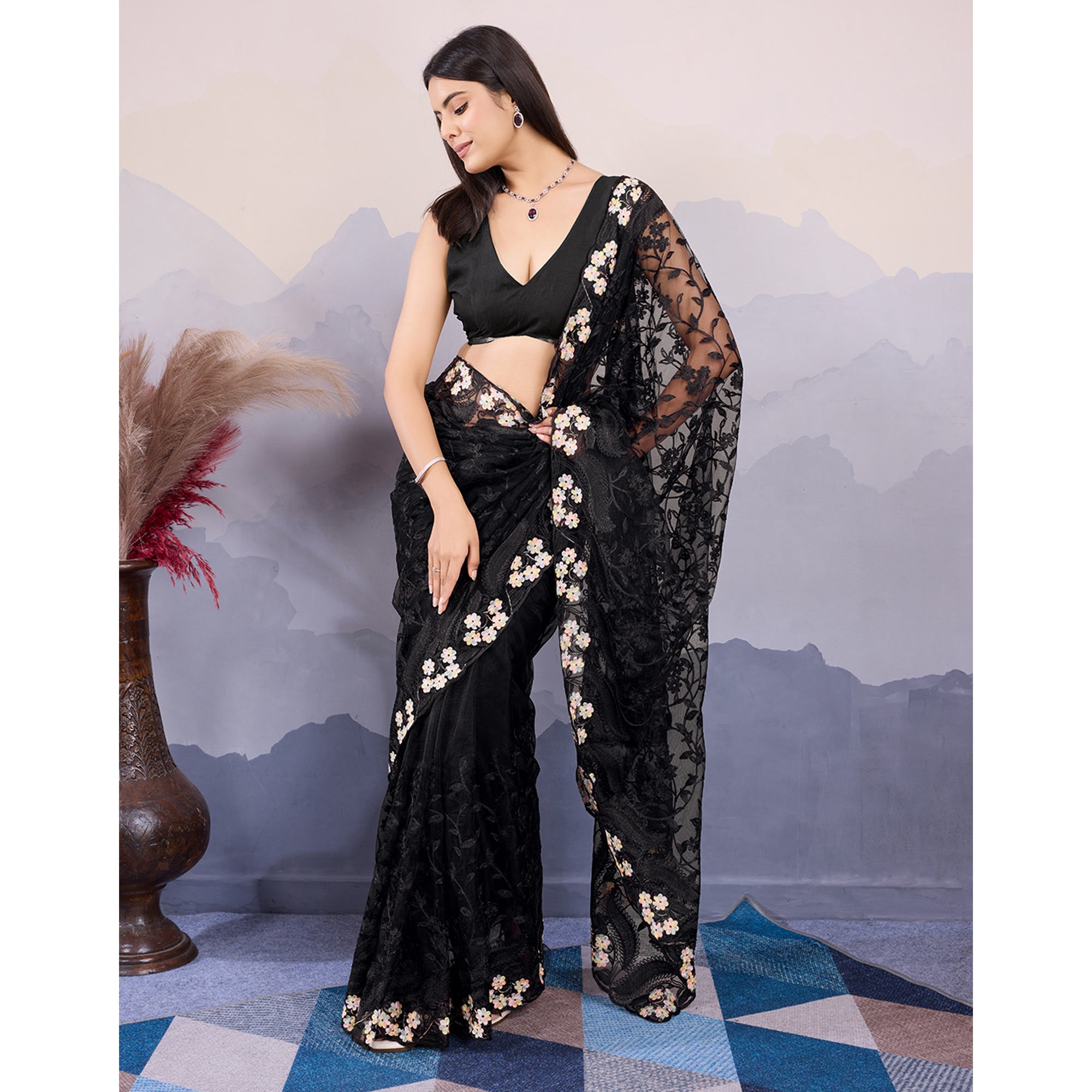 Black Floral Thread Embroidered Net Saree