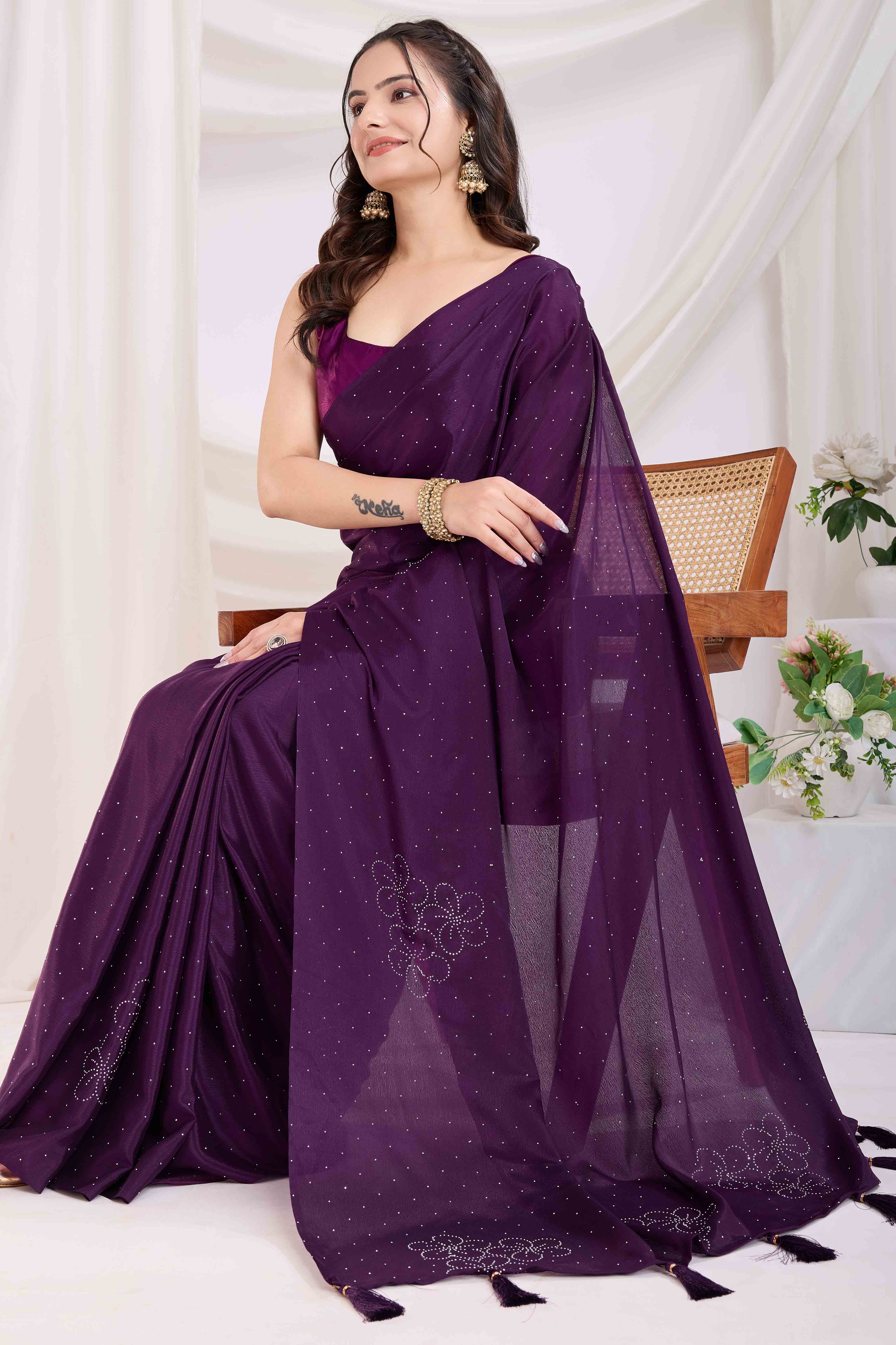 Purple Floral Swarovski Work Rangoli Art Silk Ready To Wear Saree
