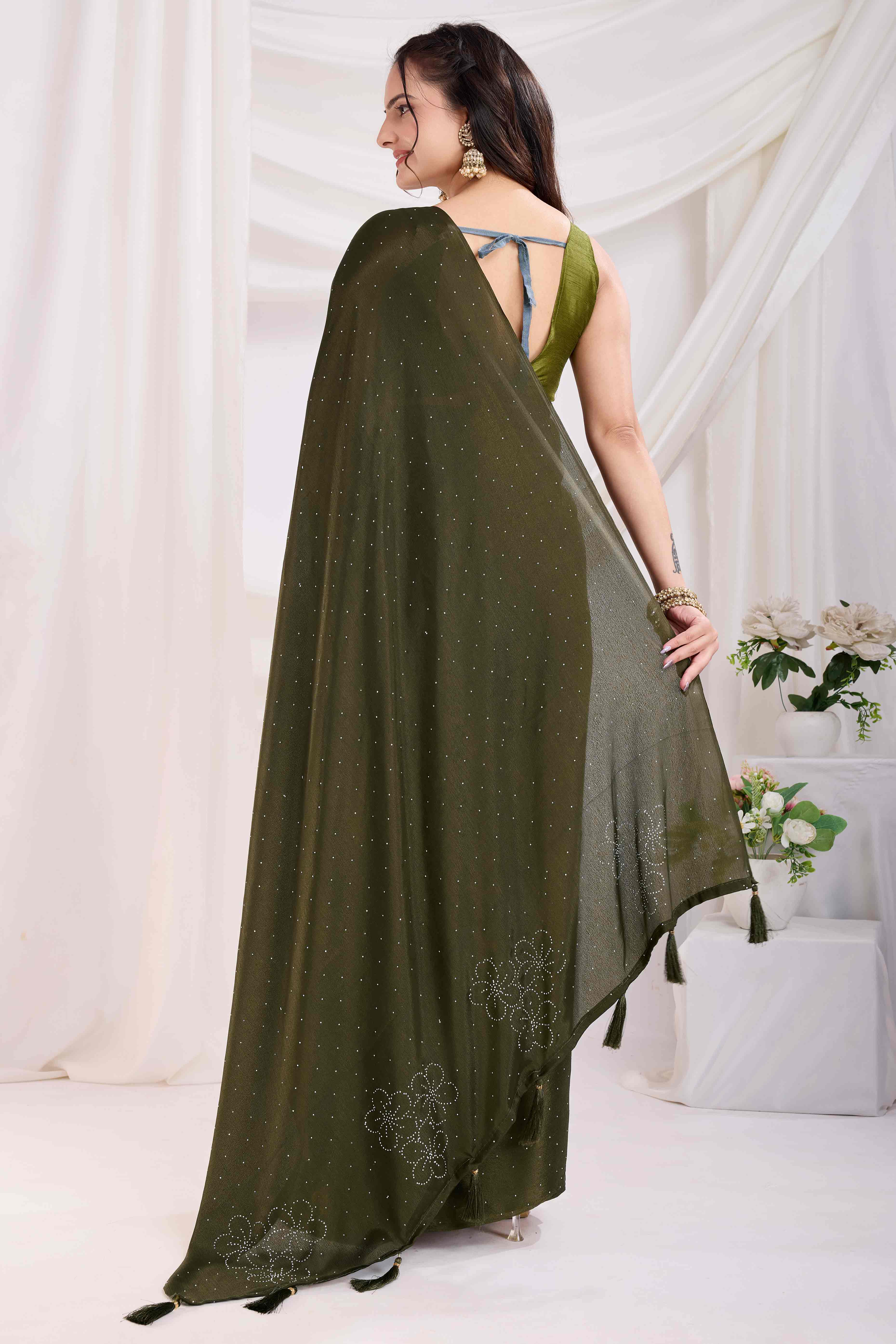 Mehendi Green Floral Swarovski Work Rangoli Art Silk Ready To Wear Saree