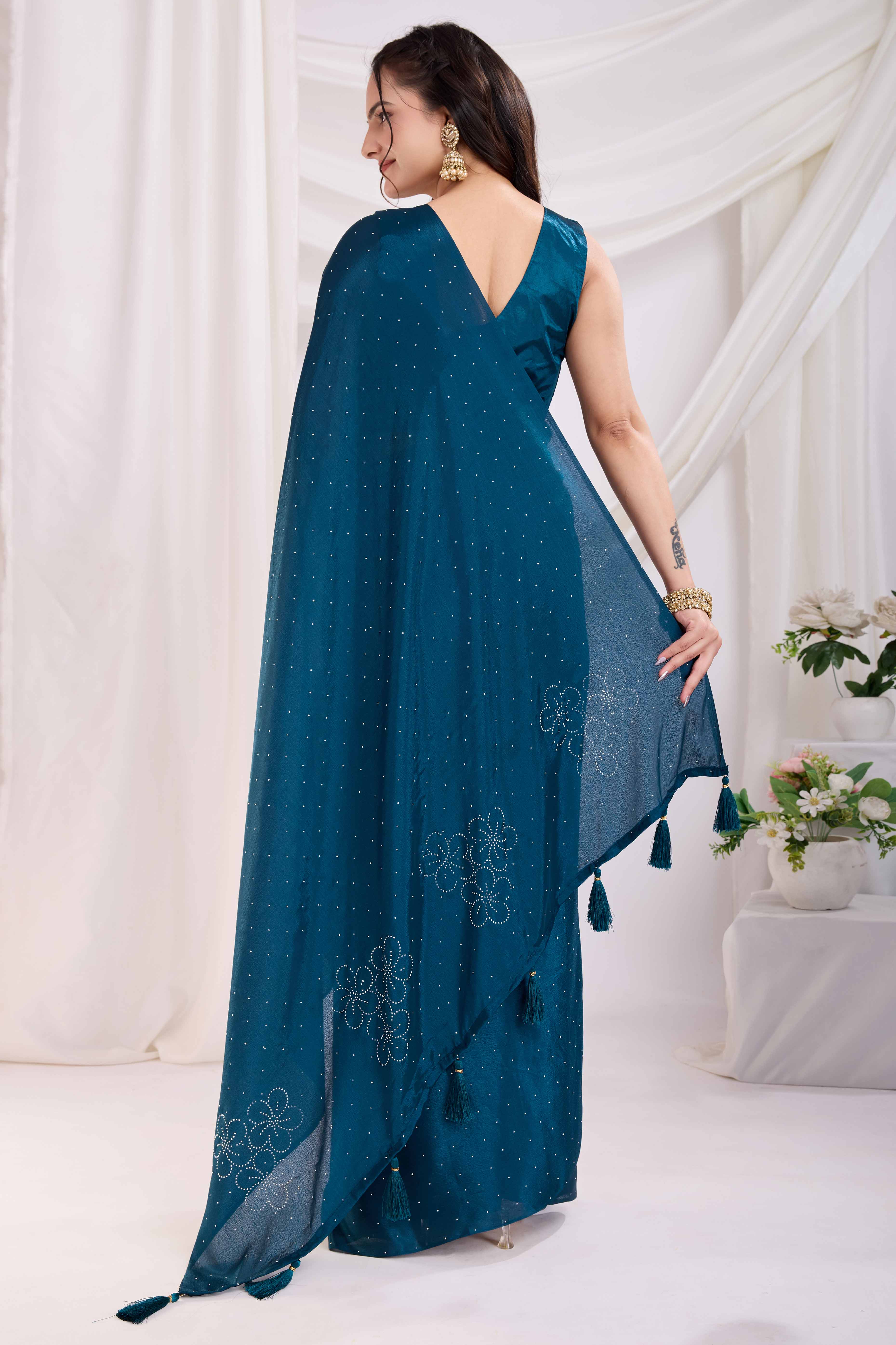 Blue Floral Swarovski Work Rangoli Art Silk Ready To Wear Saree