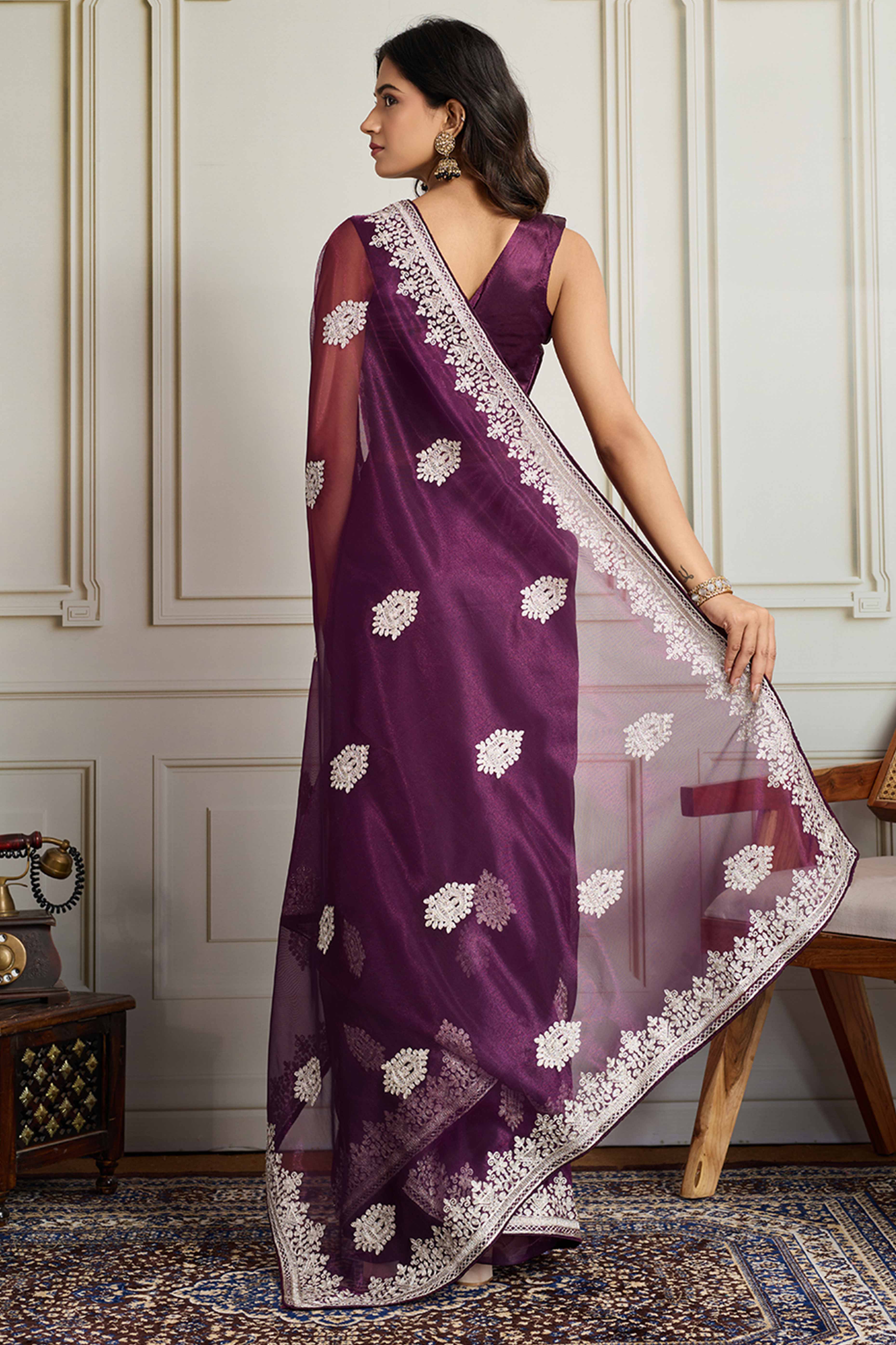 Stylish Purple Twill Net Saree Crafted With Floral Cording & Sequins Embroidery Work
