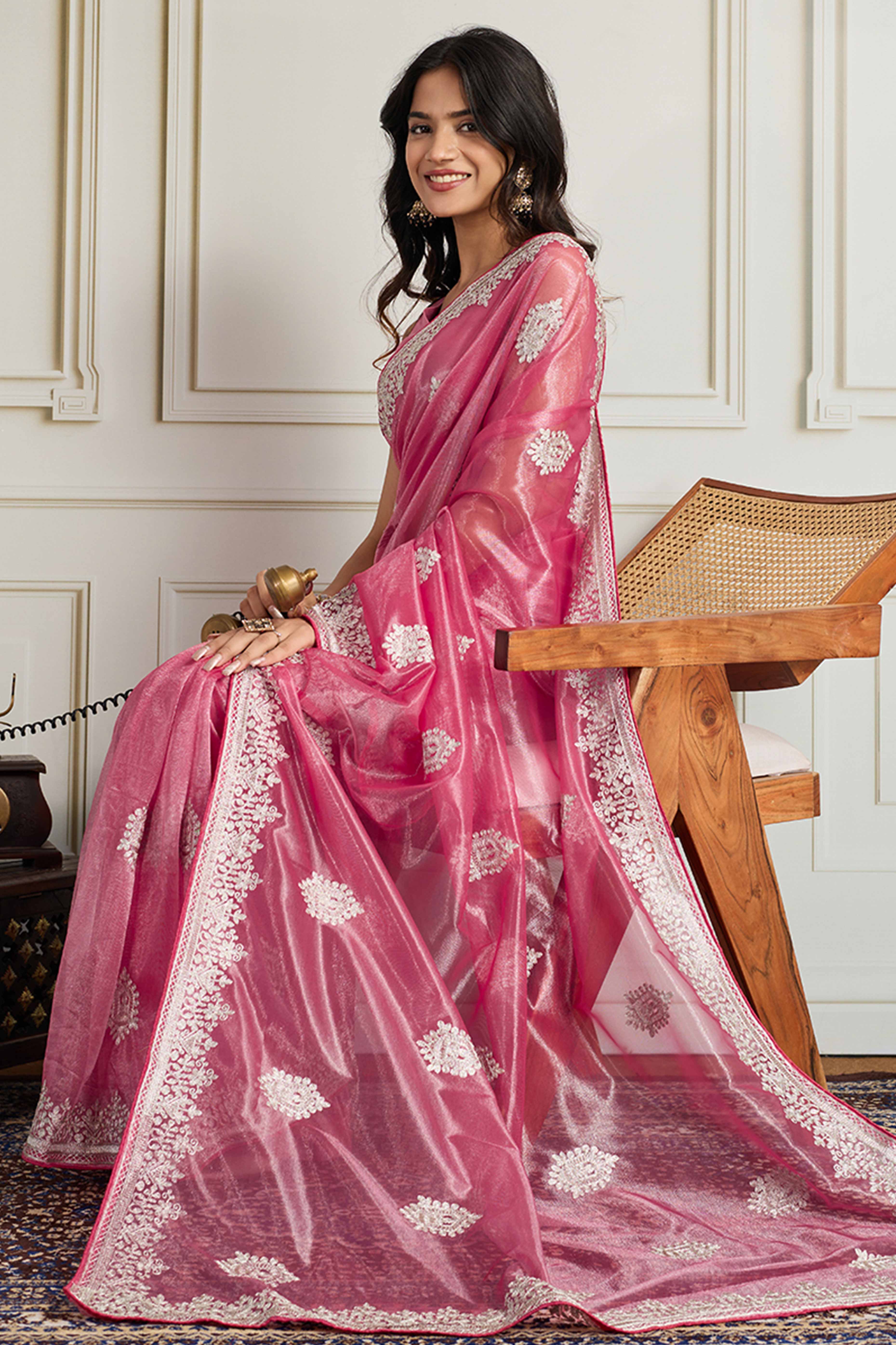 Elegant Pink Floral Cording Embroidered Twill Net Saree With Sequins Detailing