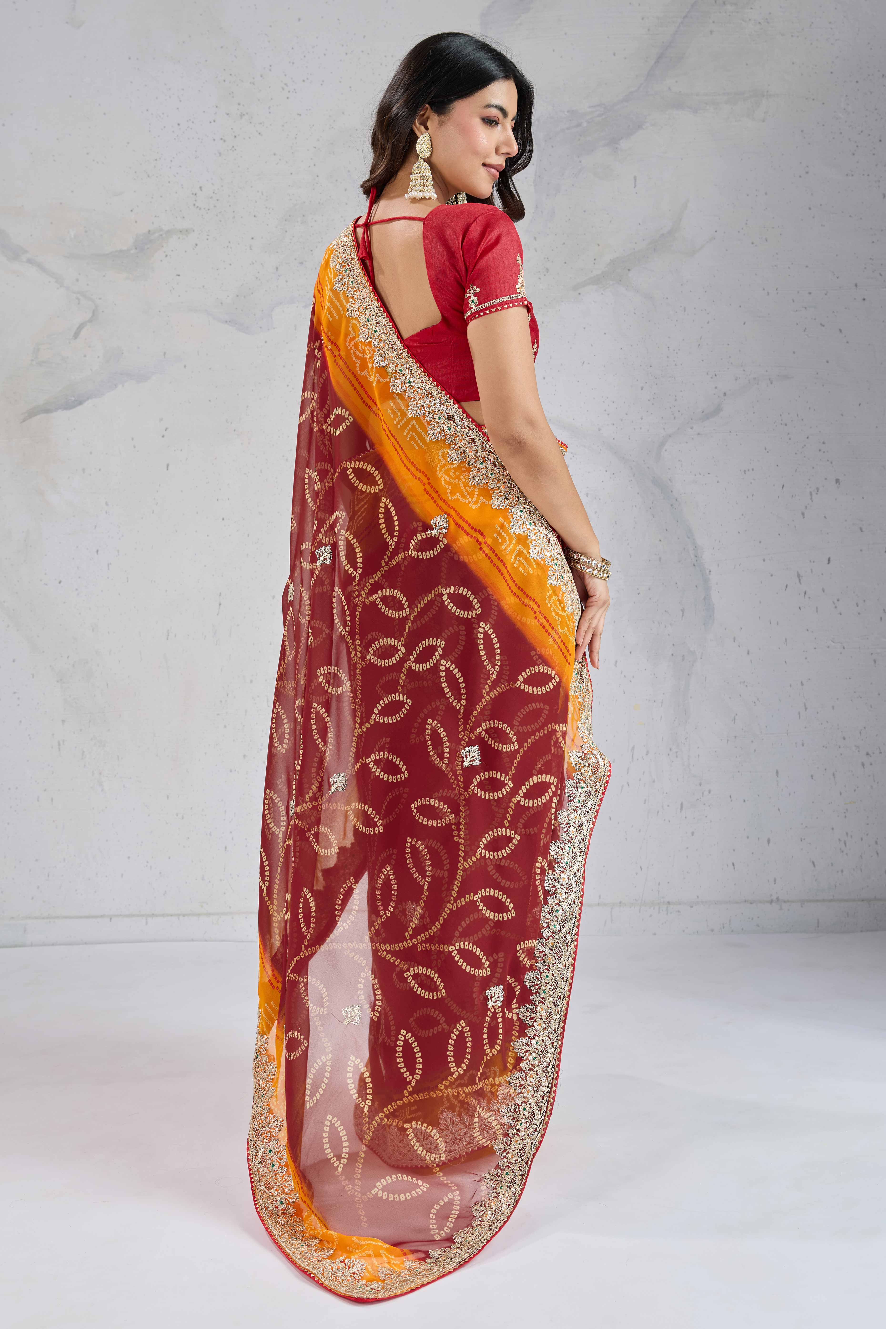 Traditional Bandhani Maroon Georgette Saree with Fine Embroidery