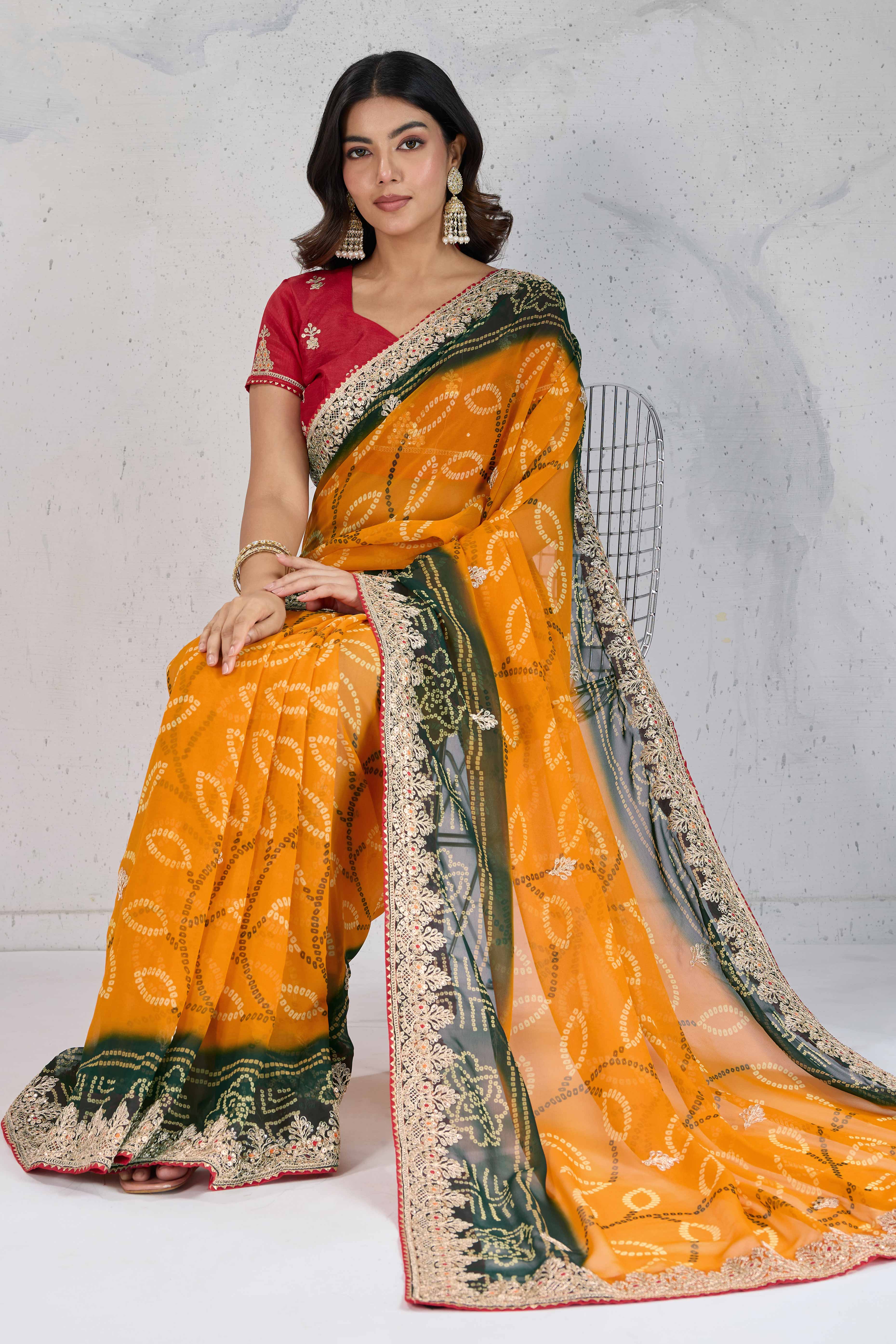 Traditional Bandhani Mustard Georgette Saree with Fine Embroidery