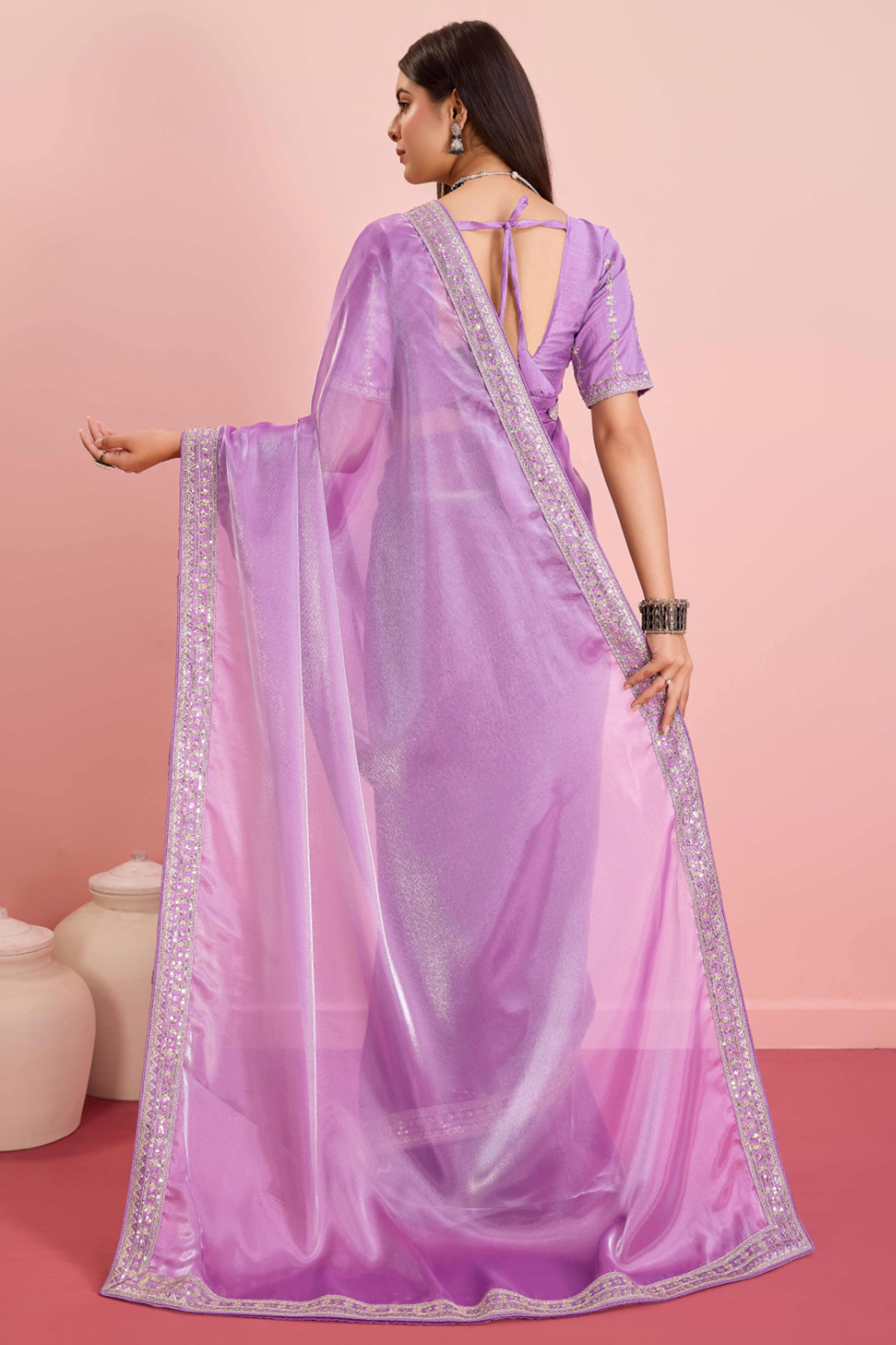 Lavender Solid With Floral Sequins Embroidered Jimmy Choo Tissue Saree