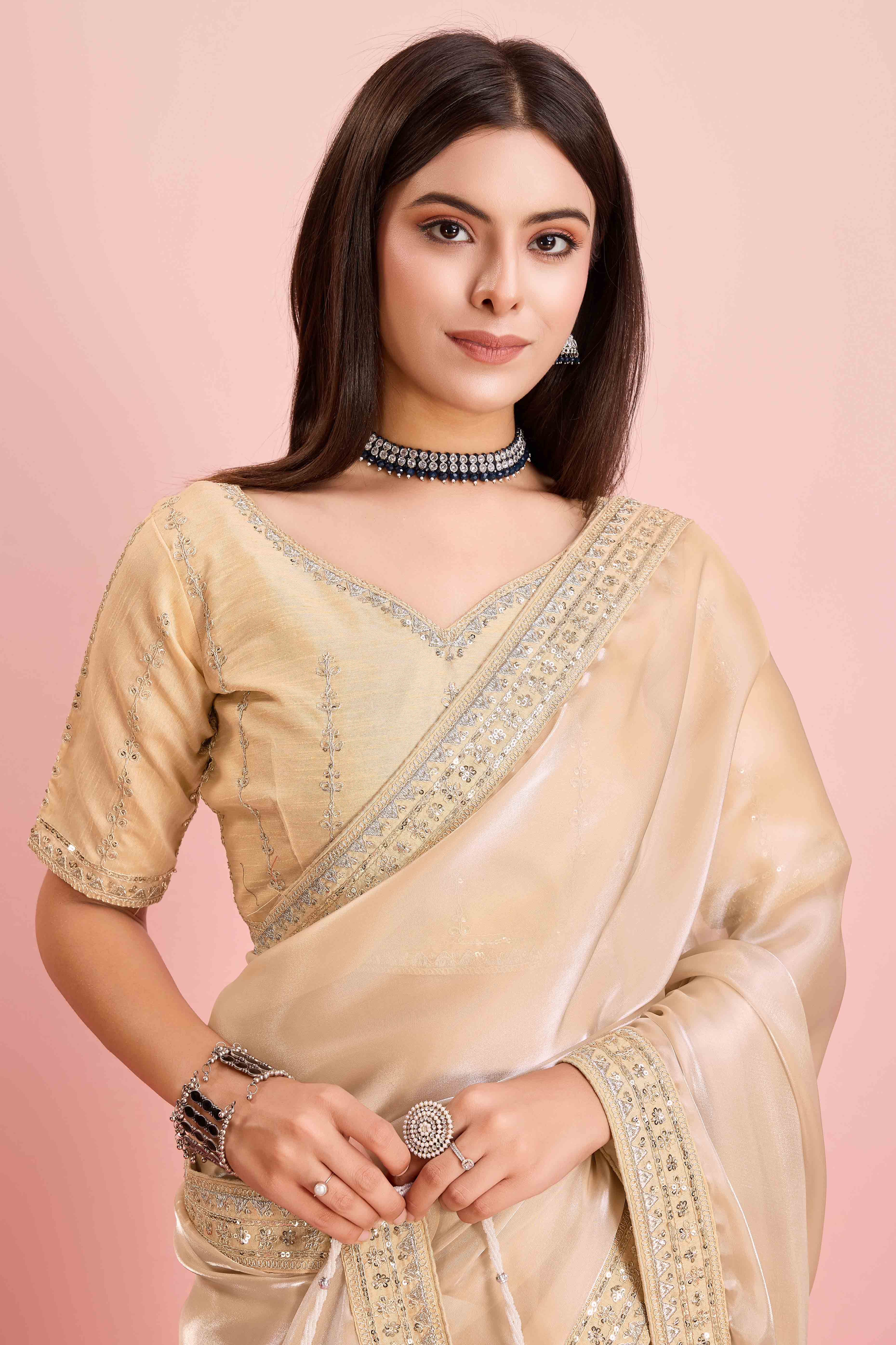 Cream Solid With Floral Sequins Embroidered Jimmy Choo Tissue Saree