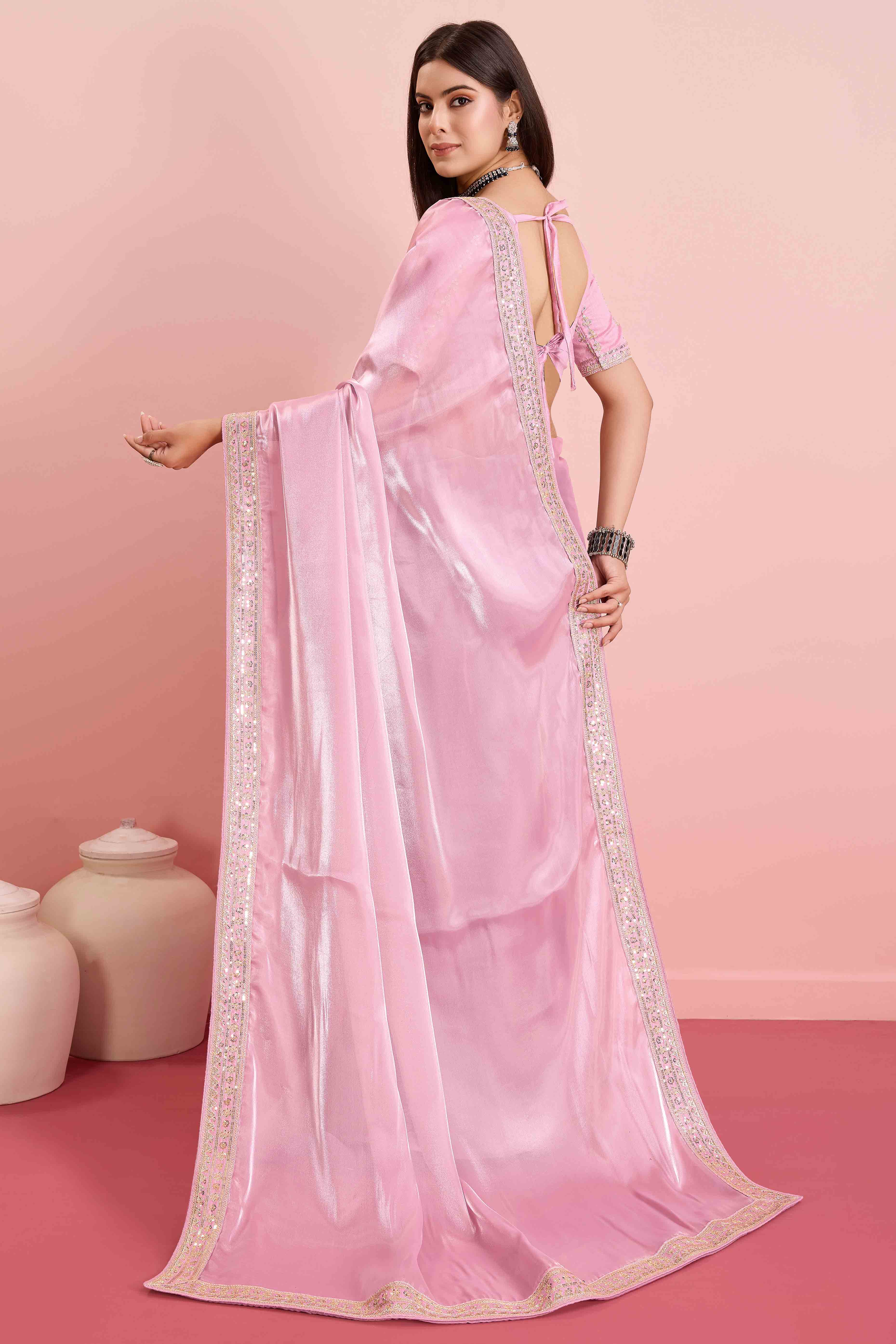 Pink Solid With Floral Sequins Embroidered Jimmy Choo Tissue Saree
