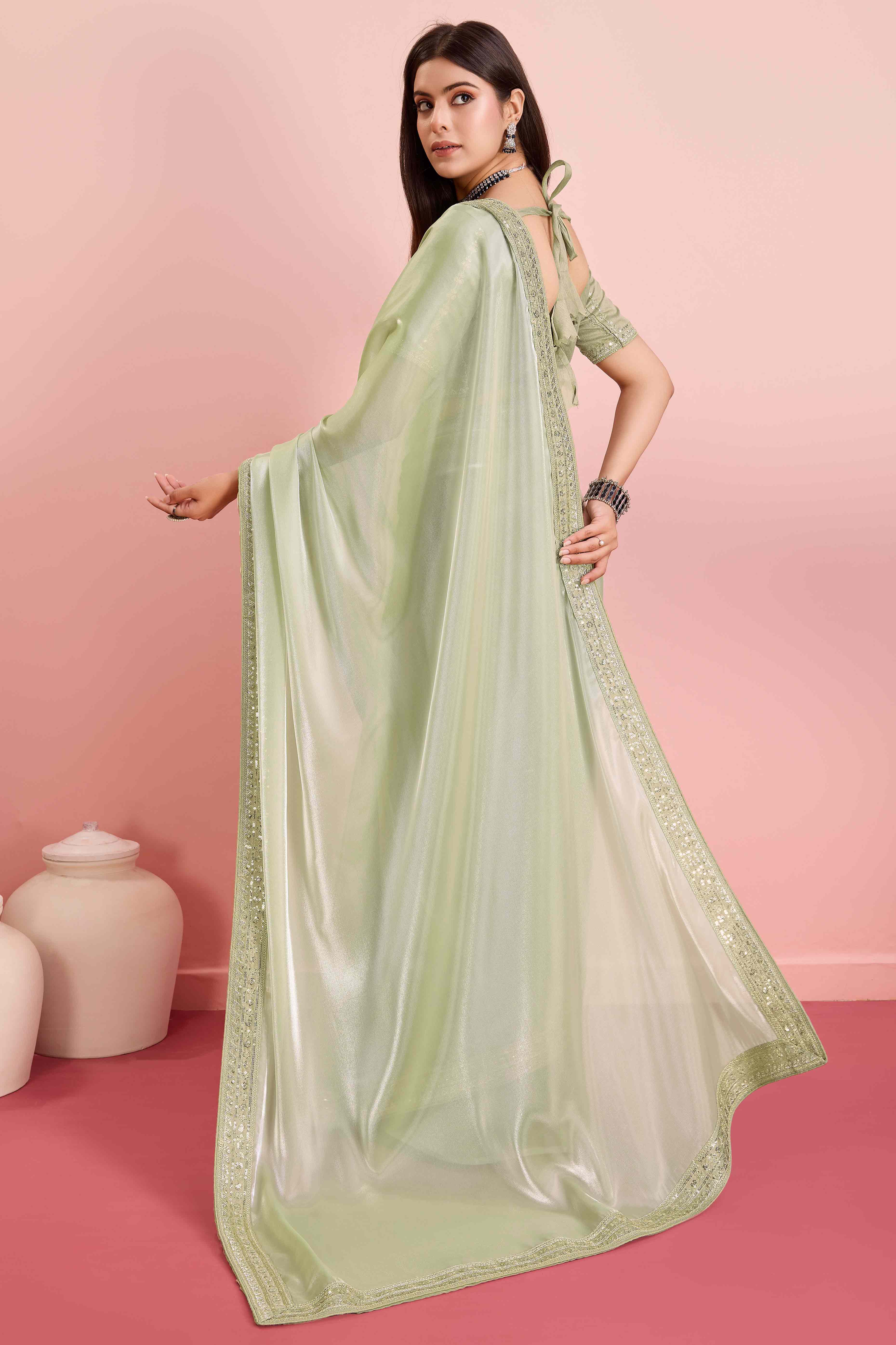 Green Solid With Floral Sequins Embroidered Jimmy Choo Tissue Saree