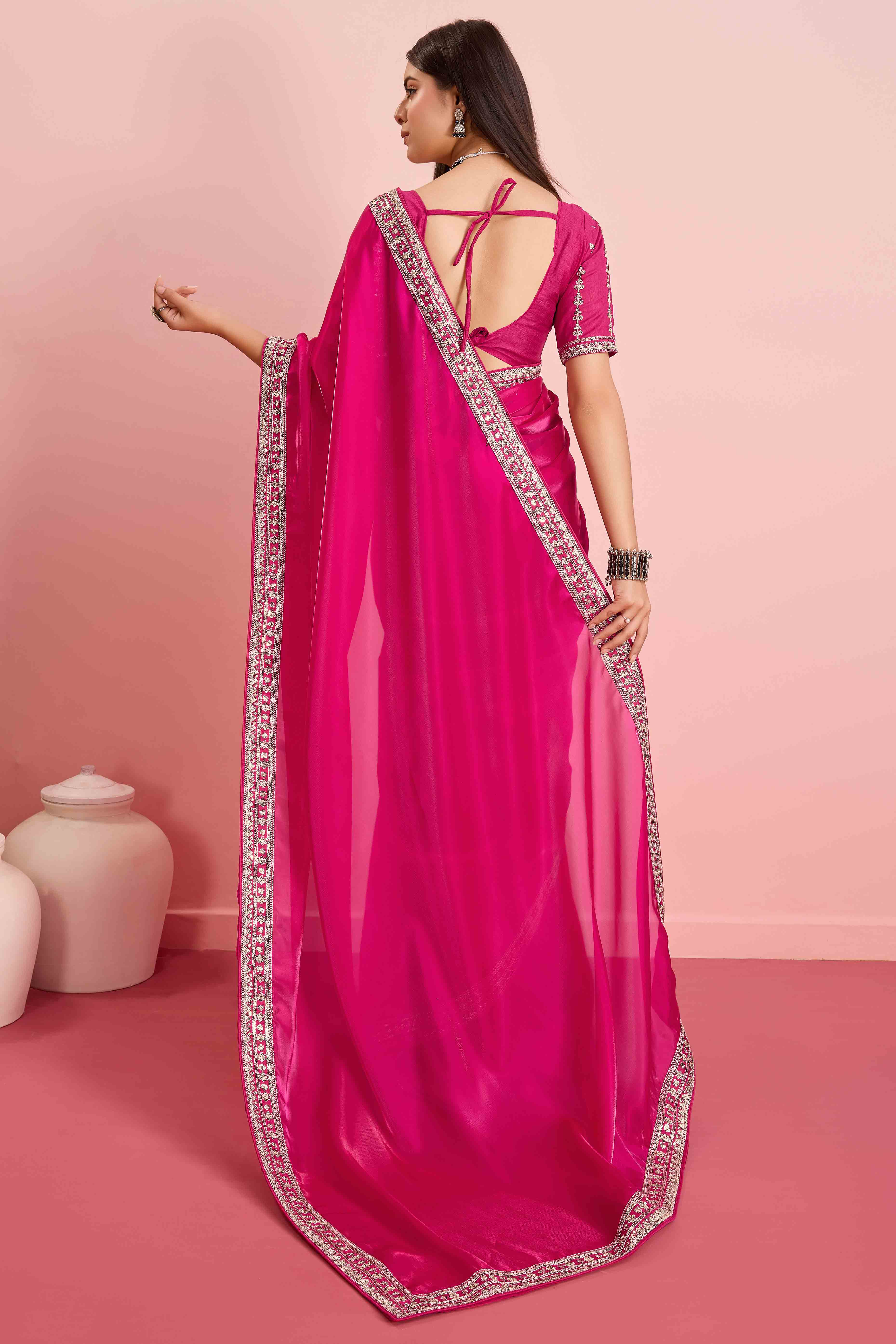 Rani Pink Solid With Floral Sequins Embroidered Jimmy Choo Tissue Saree