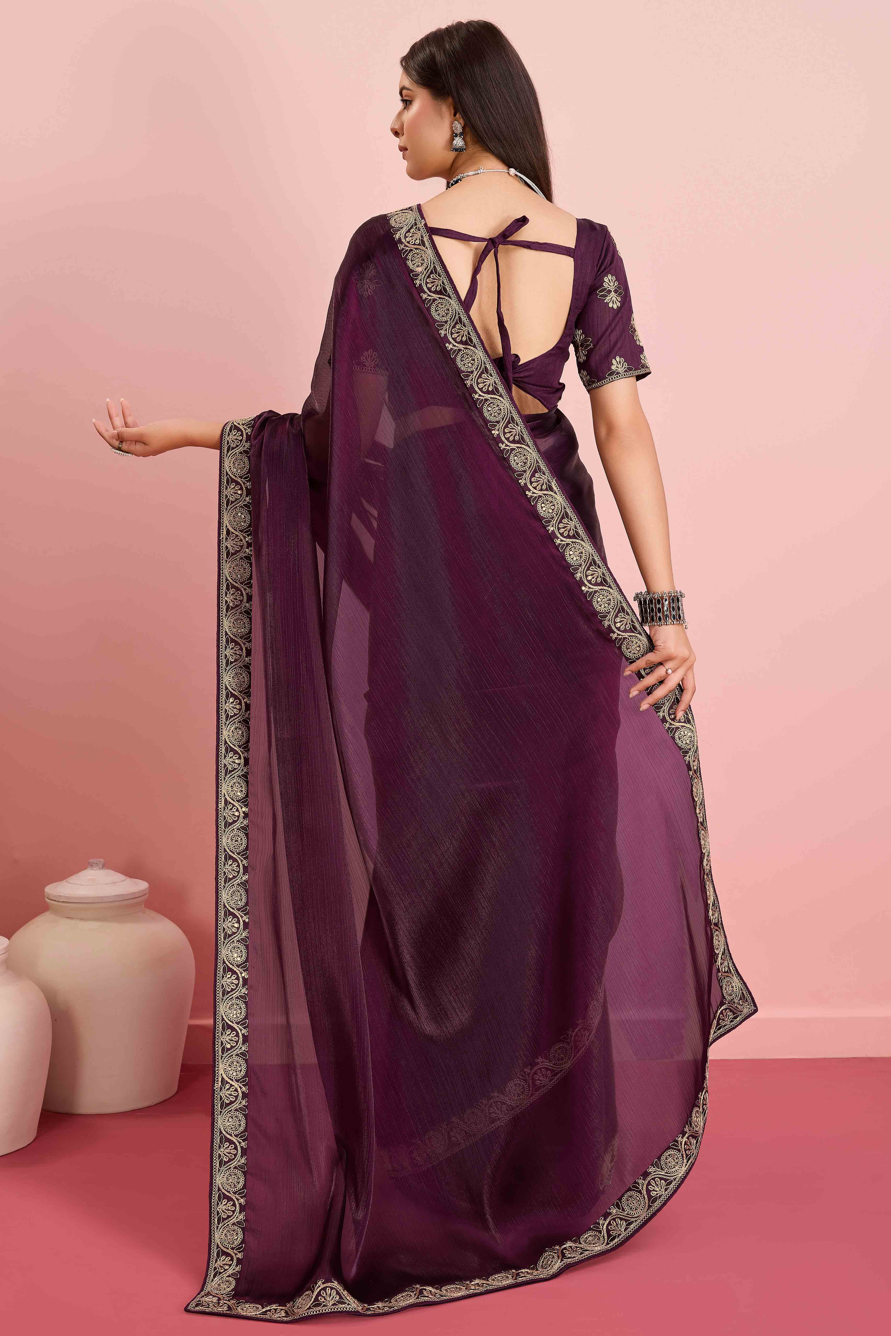 Wine Solid With Sequins Embroidery Border Mulberry Silk Saree