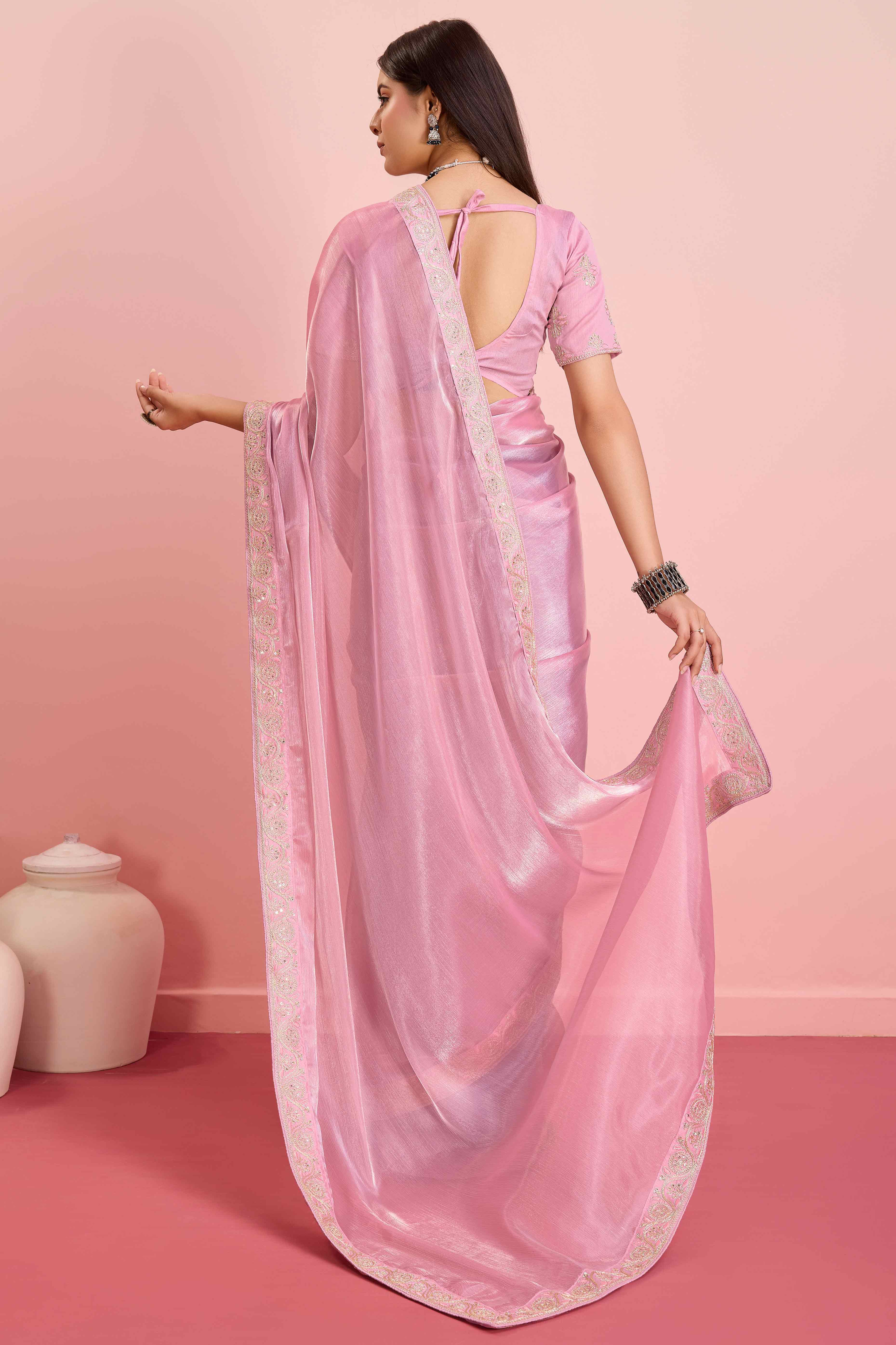 Pink Solid With Sequins Embroidery Border Mulberry Silk Saree