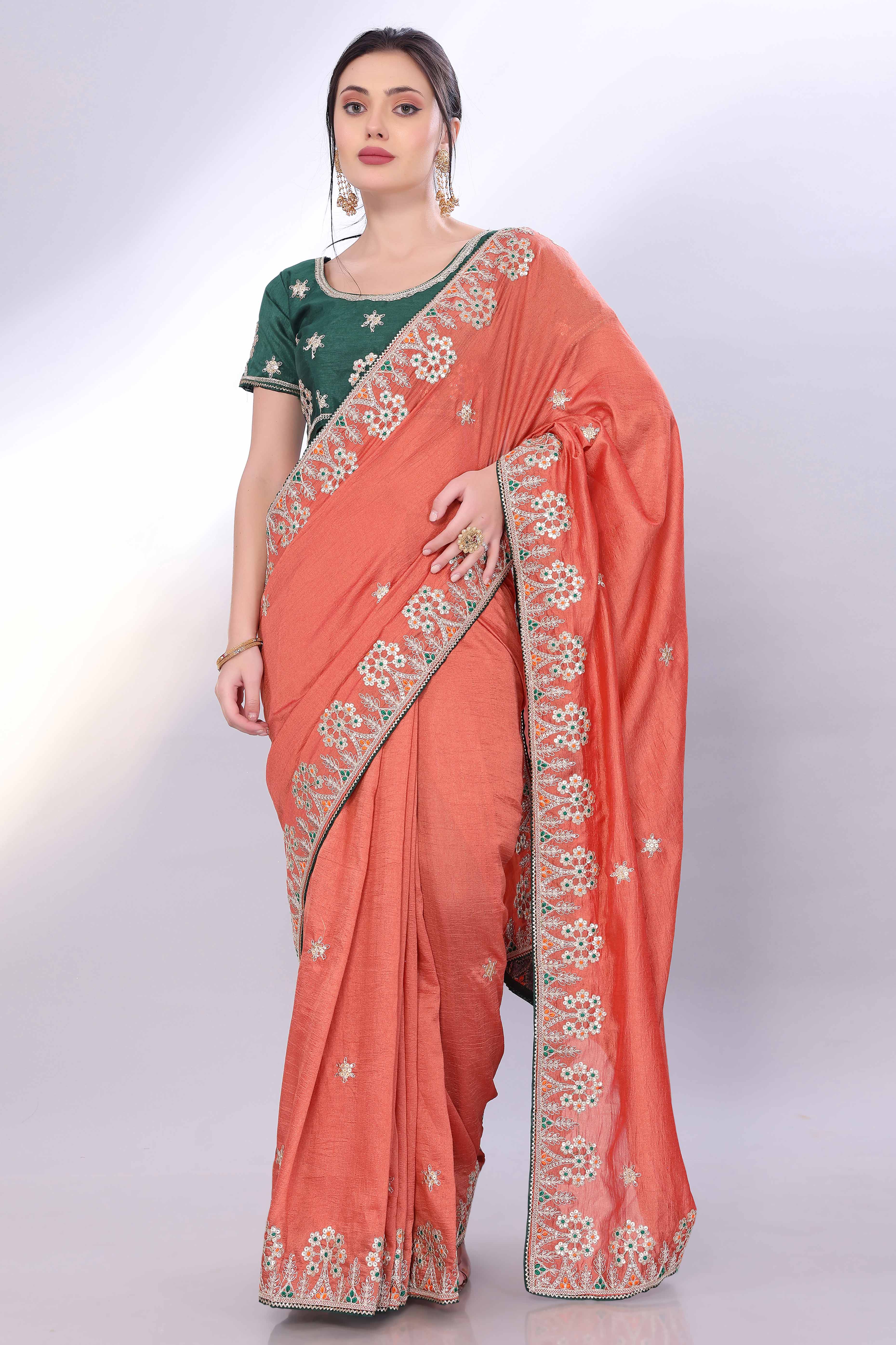 Orange Vichitra Silk Saree Embellished With Floral Cording Embroidery & Sparkling Sequins