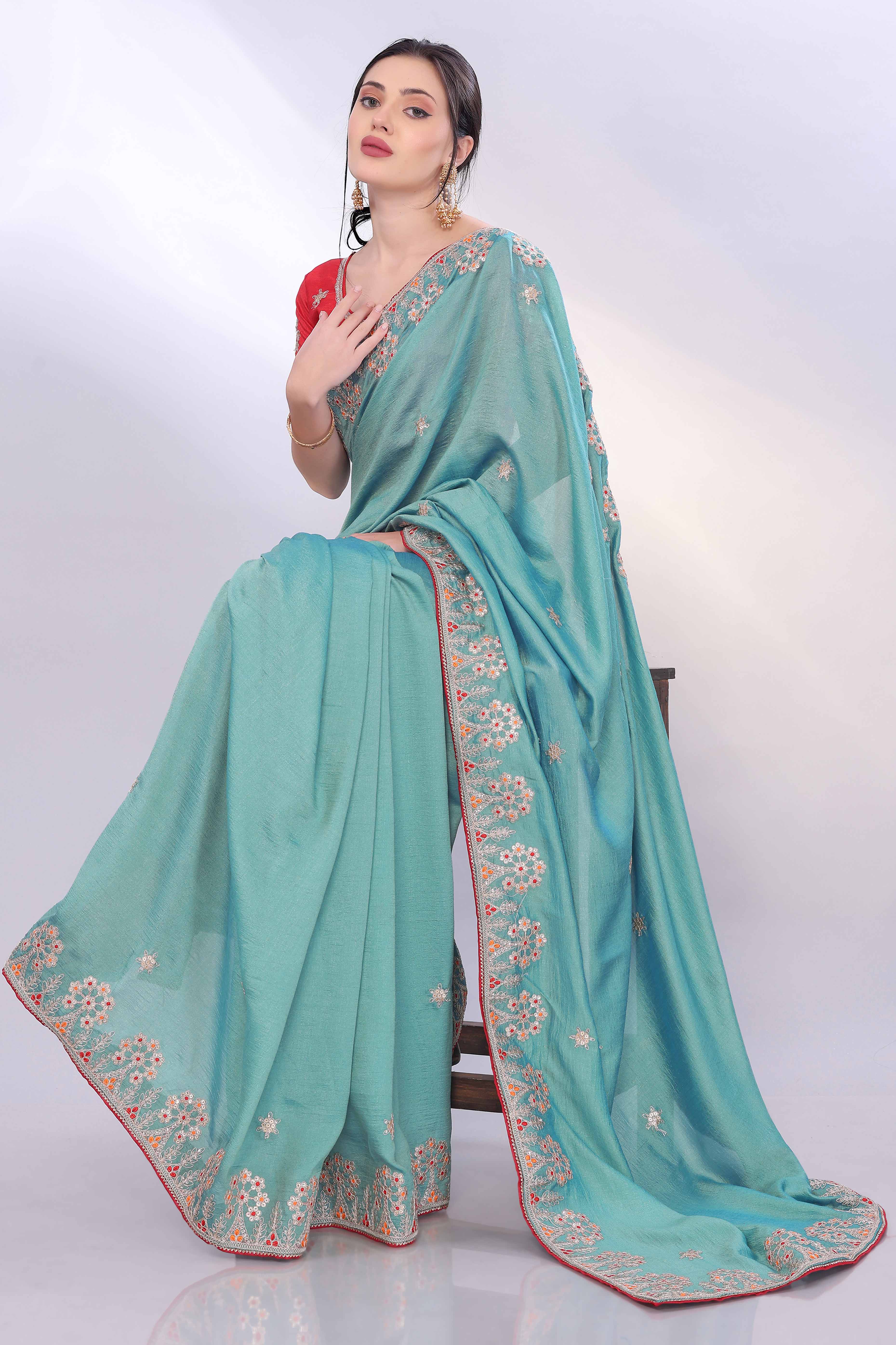 Turquoise Vichitra Silk Saree Embellished With Floral Cording Embroidery & Sparkling Sequins