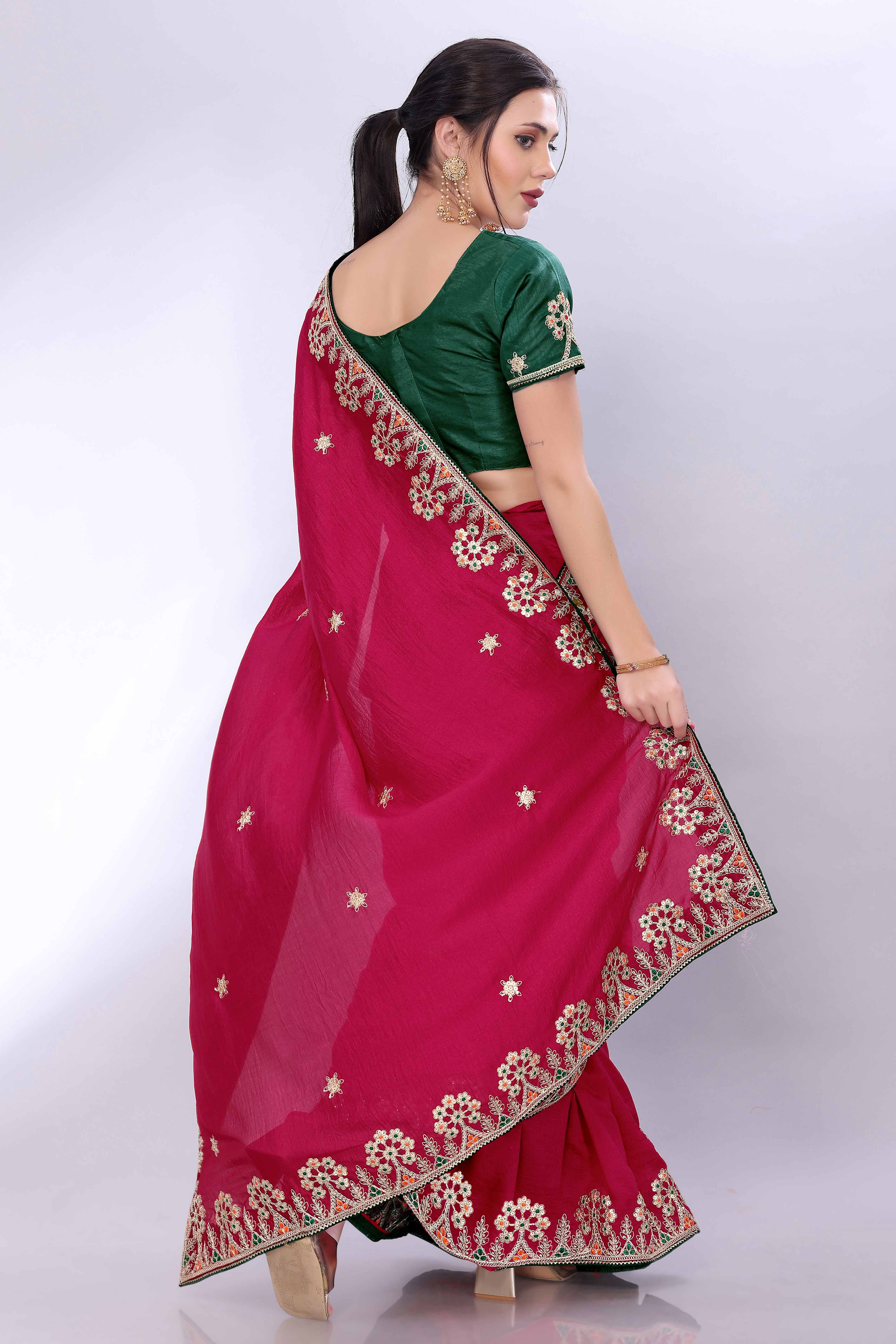 Pink Vichitra Silk Saree Embellished With Floral Cording Embroidery & Sparkling Sequins