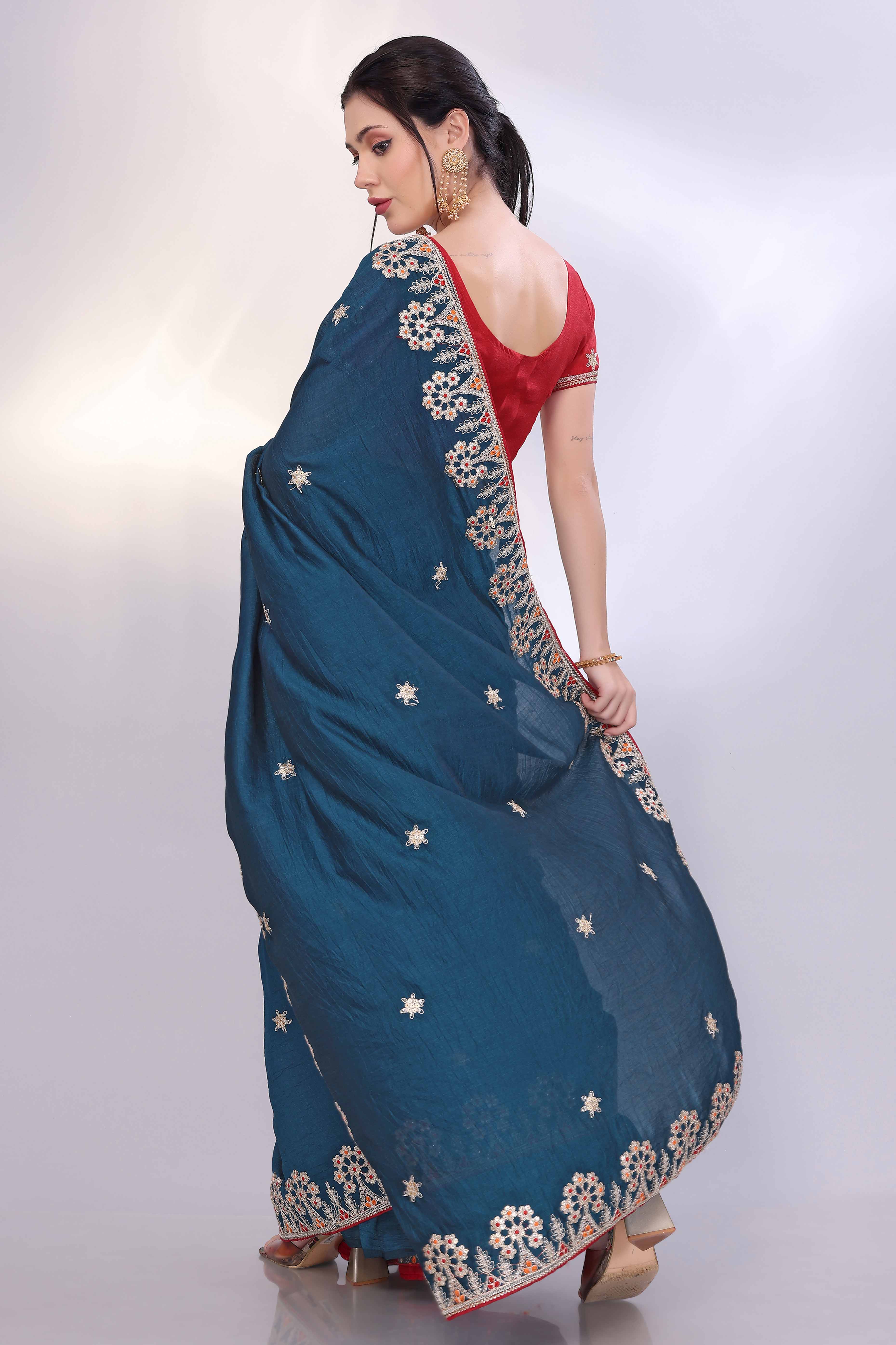 Morpich Blue Vichitra Silk Saree Embellished With Floral Cording Embroidery & Sparkling Sequins