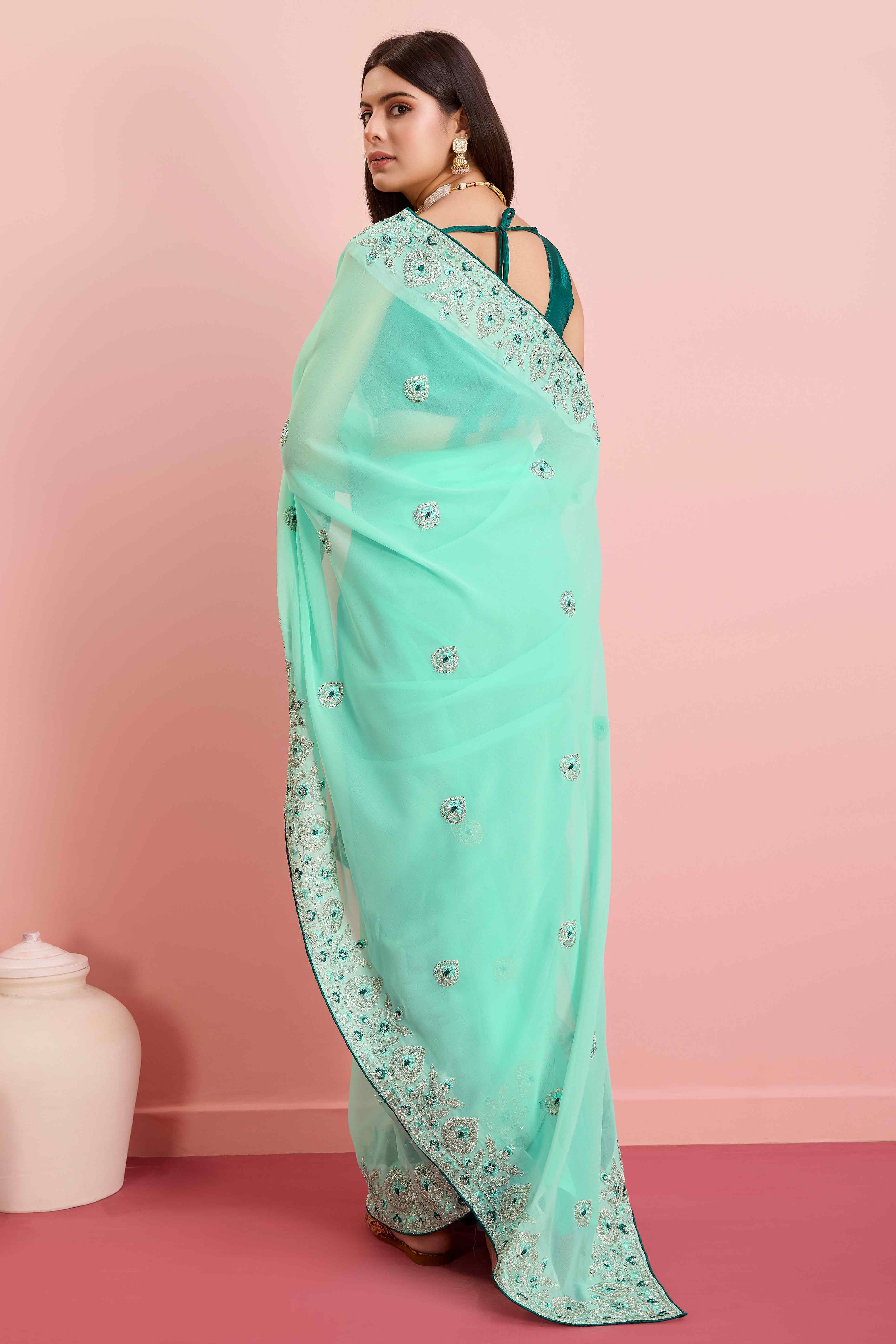 Turquoise Floral Sequins Embroidered Georgette Saree