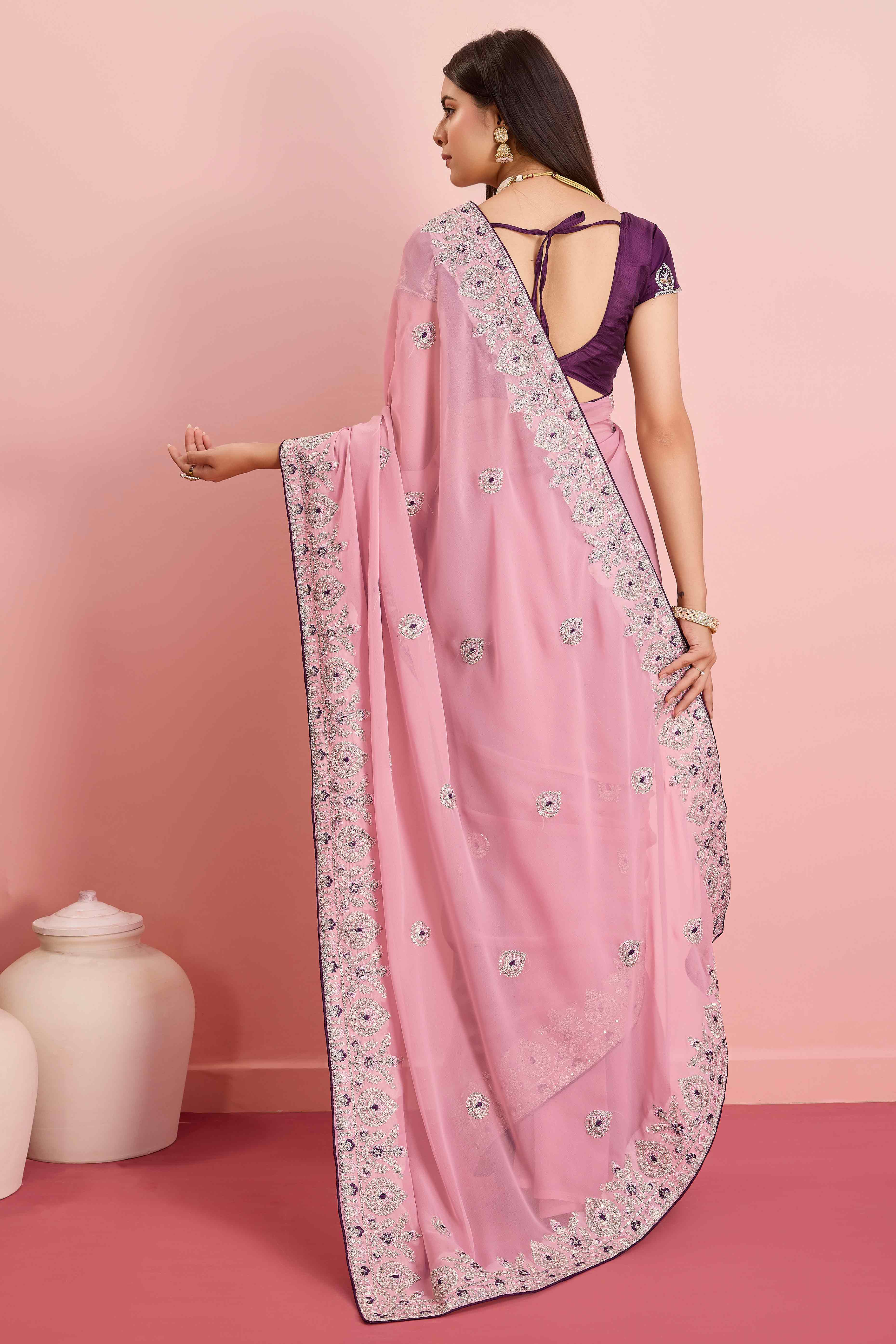 Pink Floral Sequins Embroidered Georgette Saree