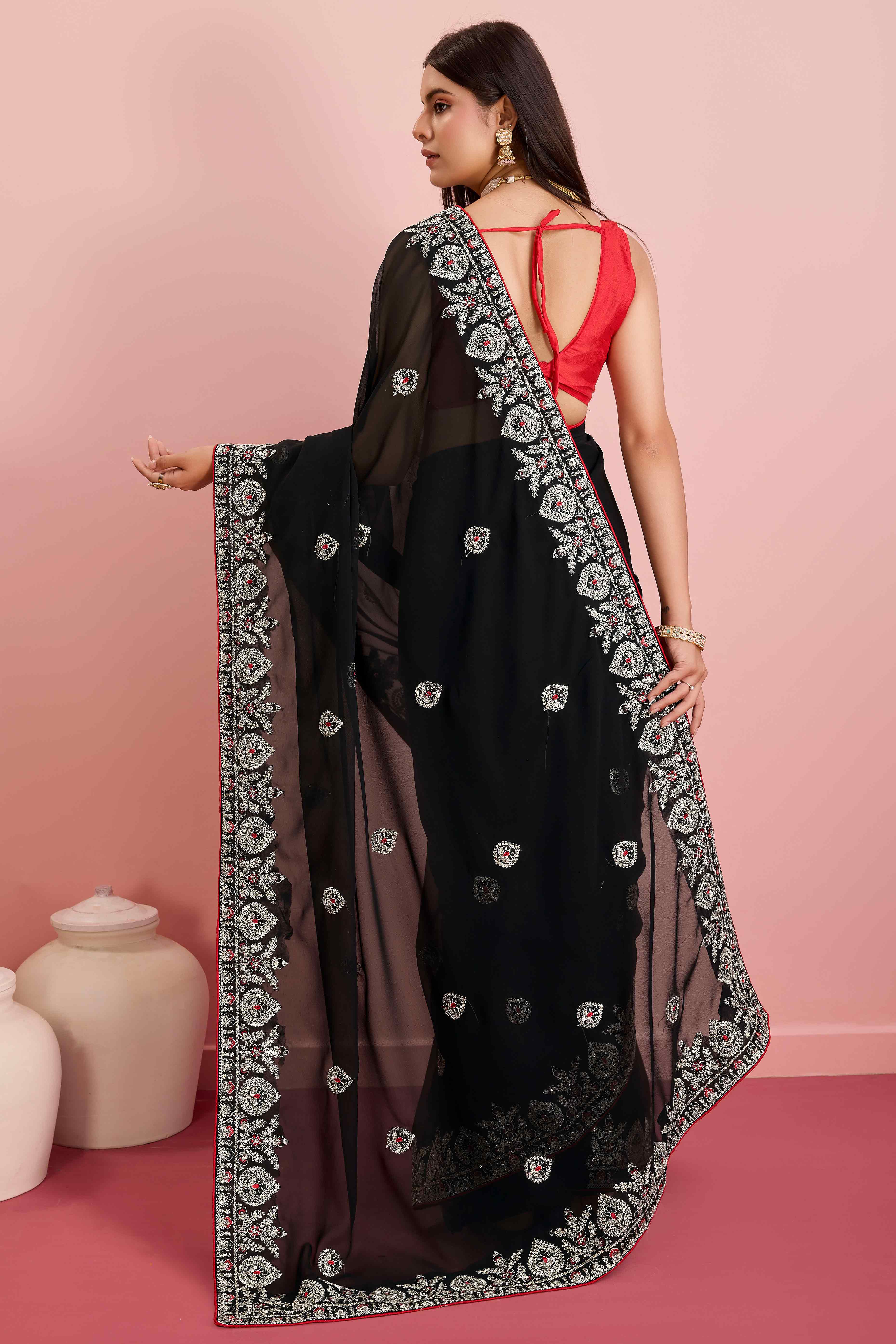 Black Floral Sequins Embroidered Georgette Saree