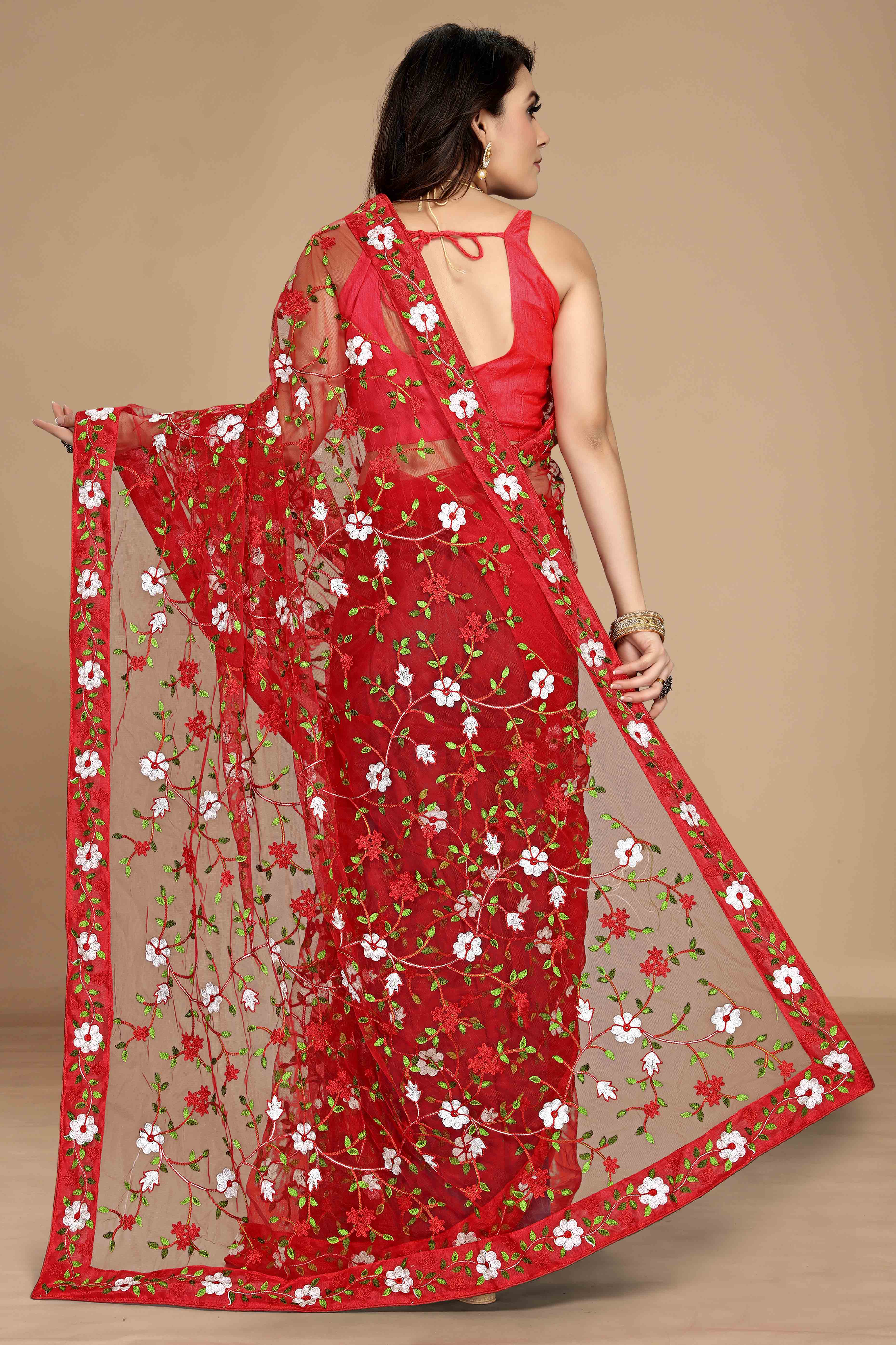 Red Net Saree with All Over Floral Heavy Embroidery