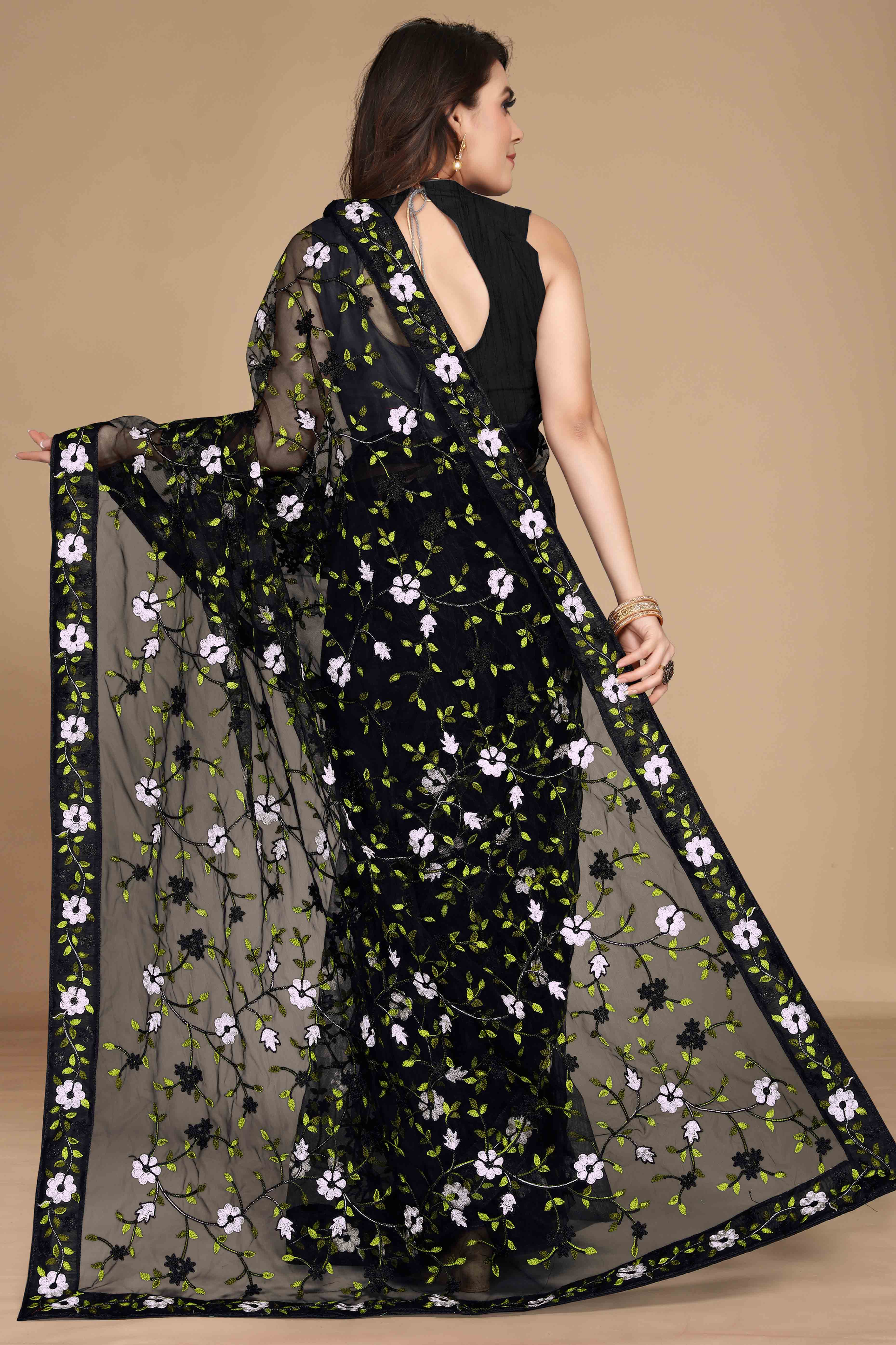 Black Net Saree with All Over Floral Heavy Embroidery