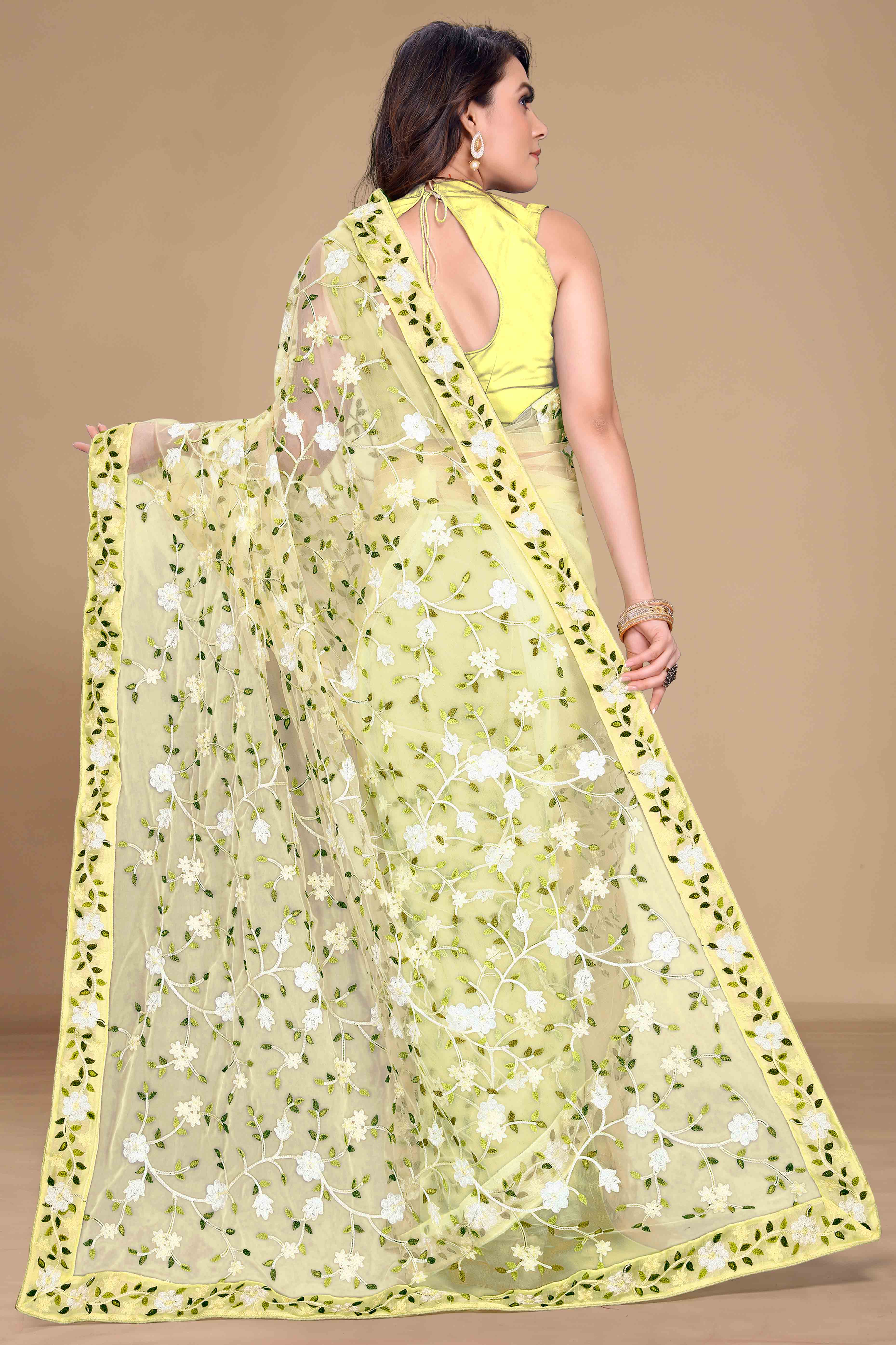 Yellow Net Saree with All Over Floral Heavy Embroidery